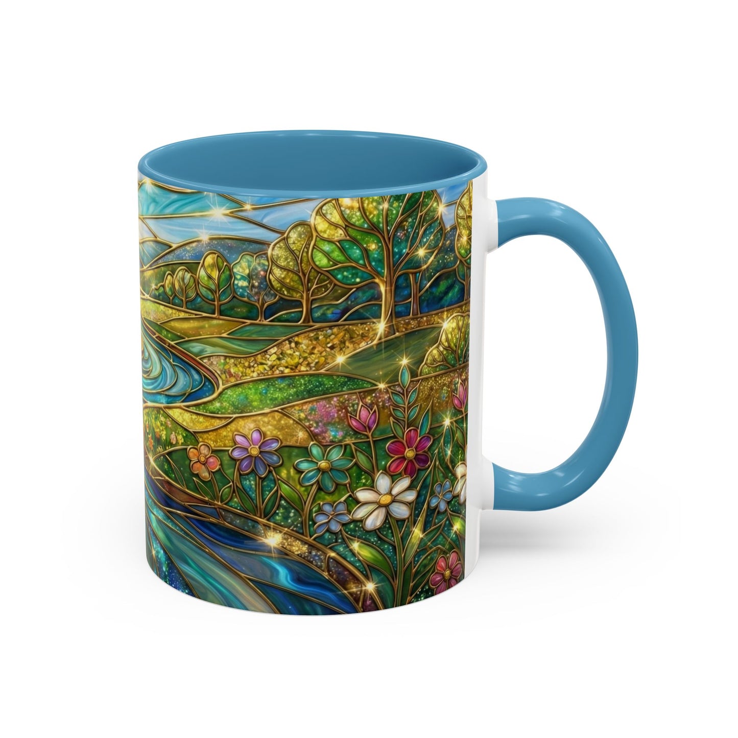 Stained Glass Mug, River Landscape Coffee Cup, Nature Lover Gift, Floral Tea Mug, Gardener Present, Art Teacher Gift, Colorful Scenery Cup