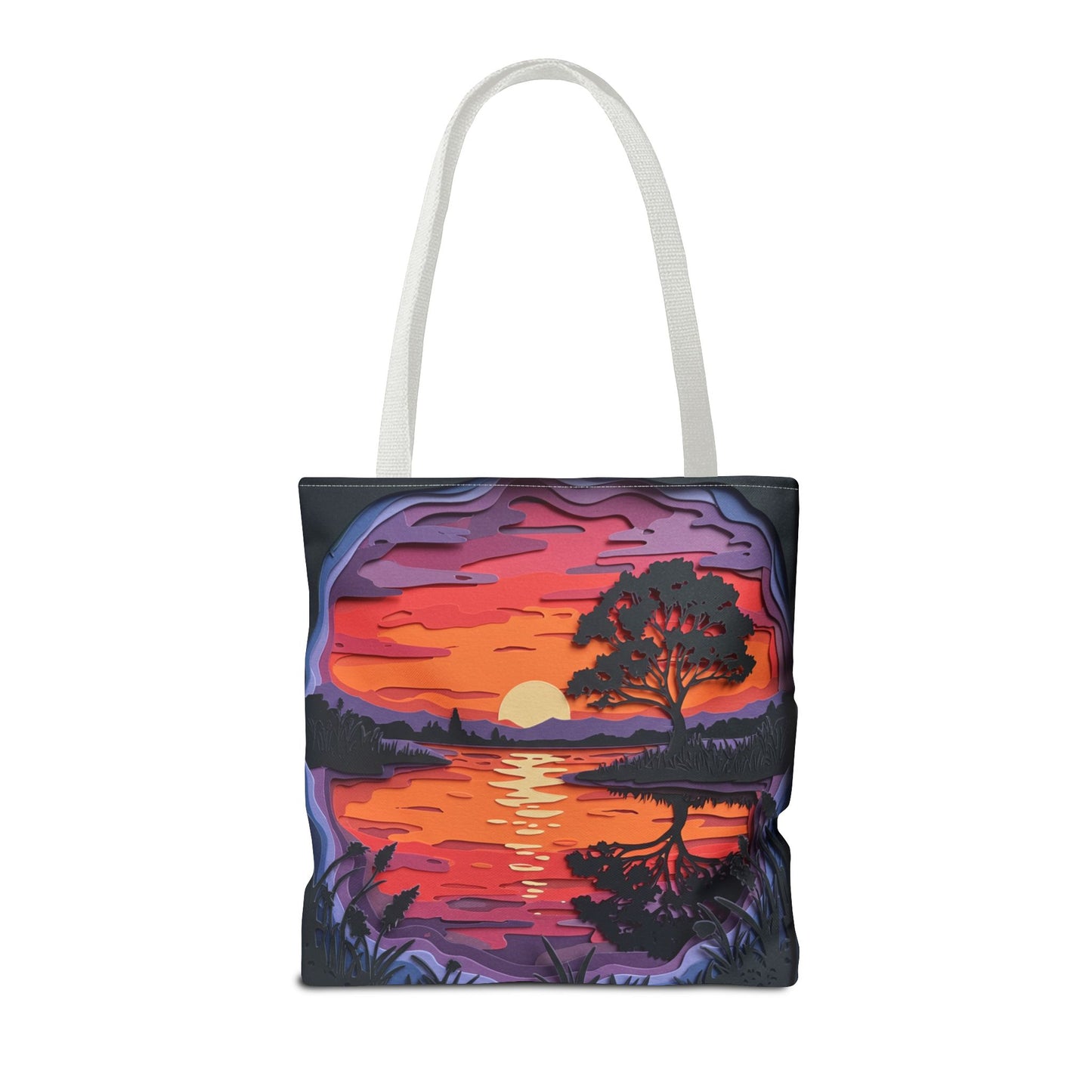 Sunset Landscape Canvas Tote Bag – Paper‑Art Inspired Nature Scene Tote – Colorful Sunset Market Tote, Eco Reusable Beach Bag, Vibrant Gift for Her