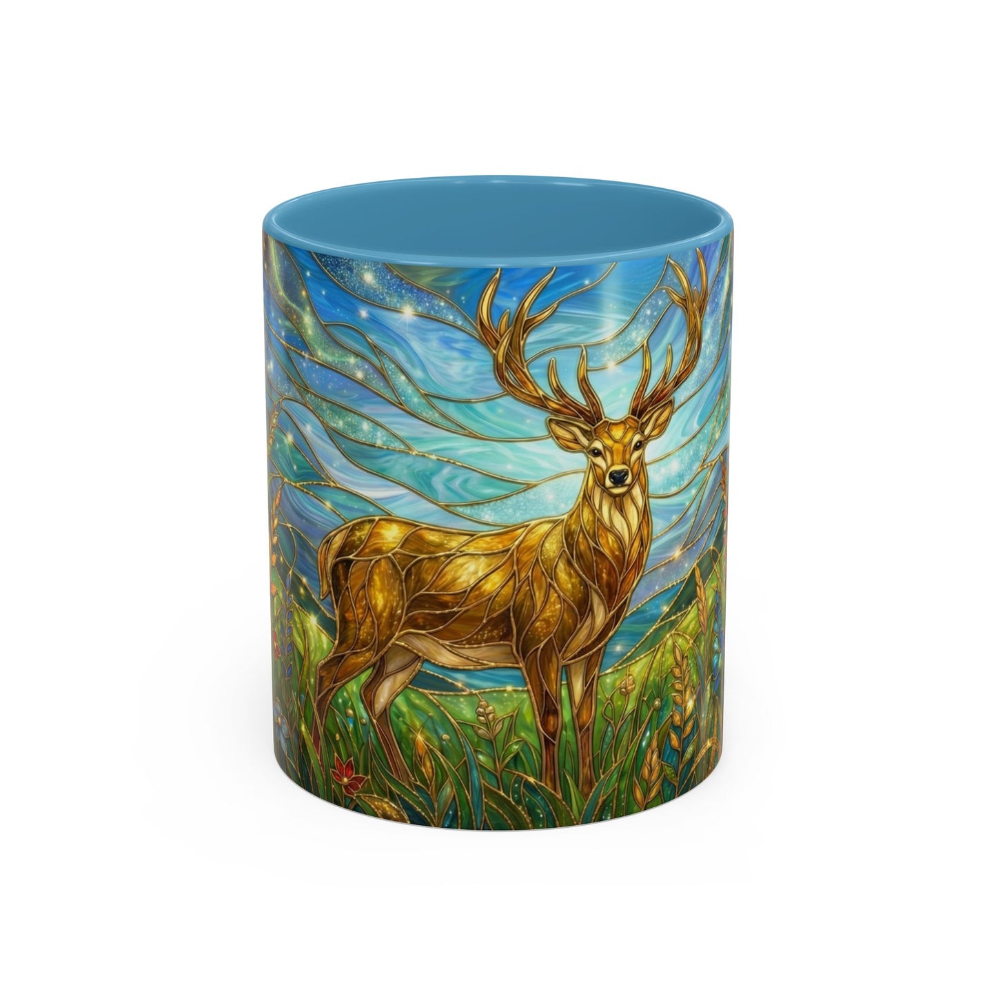 Stained Glass Deer Mug, Woodland Art Coffee Cup, Nature Forest Mug, Blue Green Gold Glass Style Mug, Gift For Nature Lovers Decor