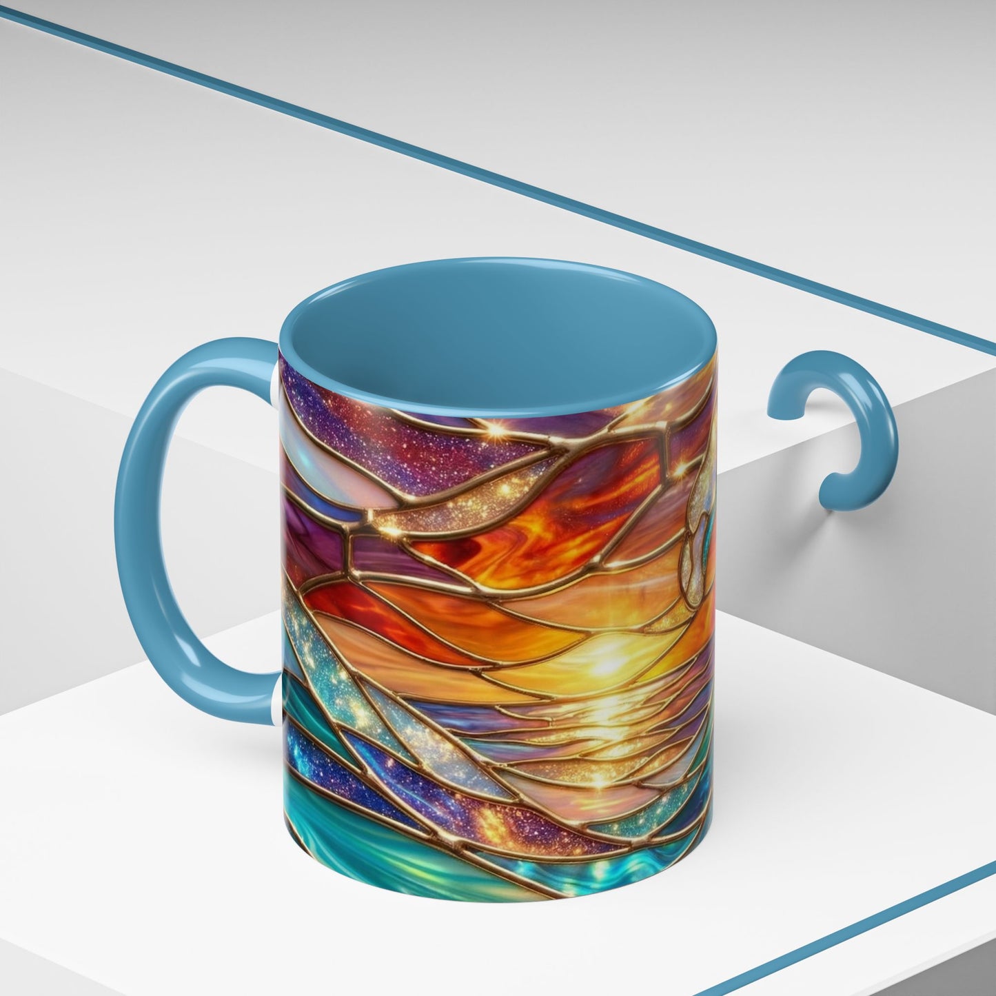 Stained Glass Wave Mug, Cosmic Ocean Coffee Cup, Celestial Sunrise Tea Mug, Surfer Beach Decor Gift, Starry Sea Art, Ocean Lover Cup