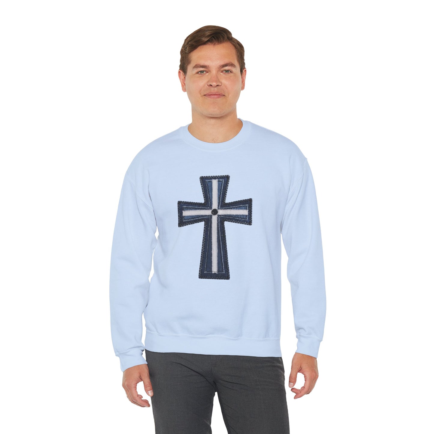 Faux Patchwork Cross Sweatshirt, Christian Patchwork Style Crewneck, Faith Gift for Women Men, Rustic Cross Sweatshirt, Religious Xmas Gift