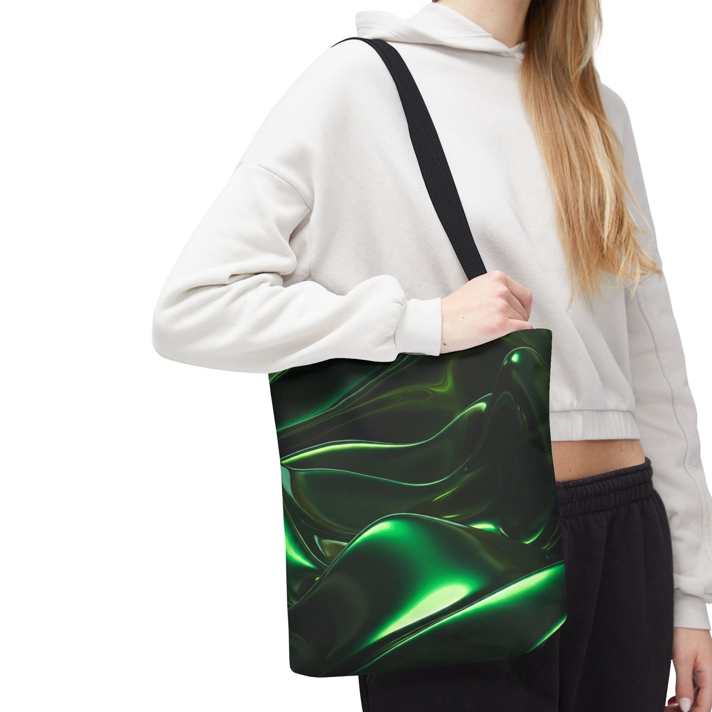 Futuristic Green Tote Bag - Abstract Metallic Wave Art Tote - Glossy Cyber Aesthetic Bag, Techwear Vibes, Edgy Gamer Gift, Trendy Street Style
