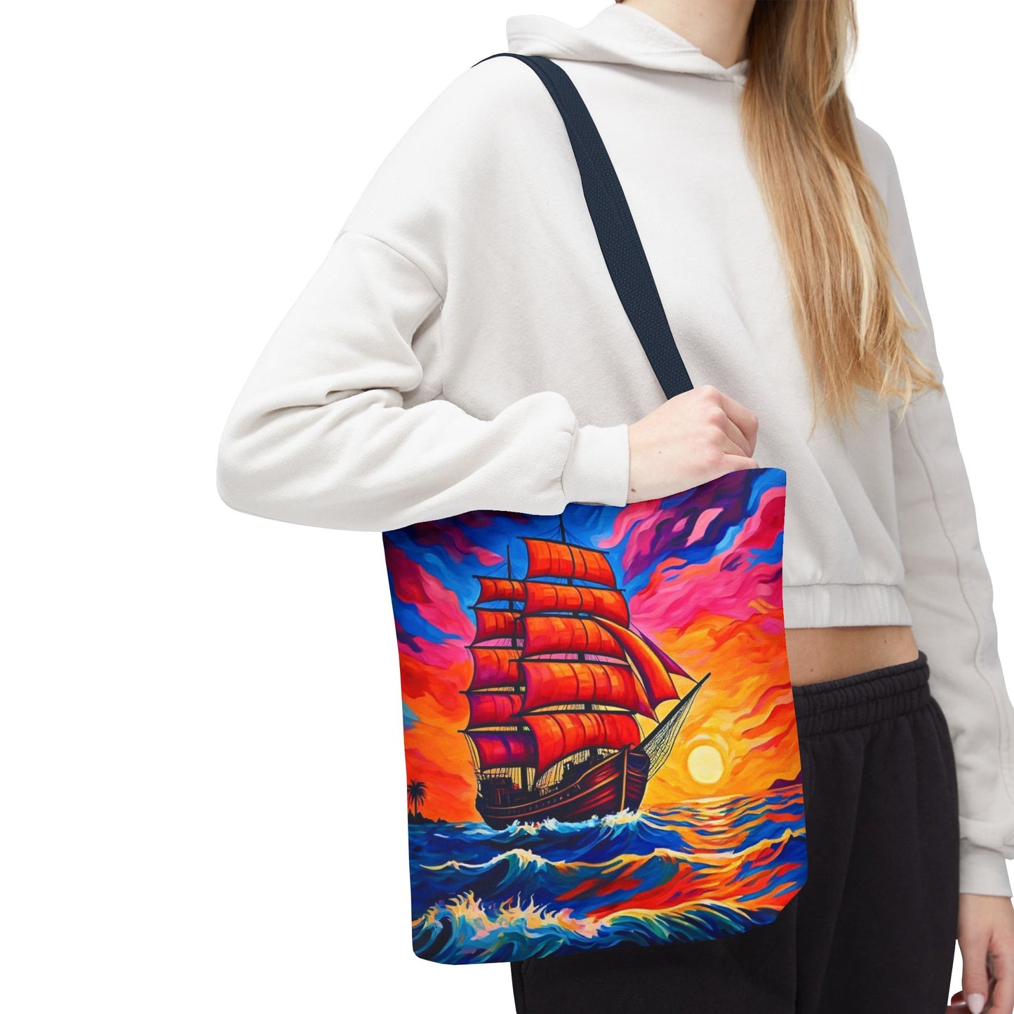 Crimson Voyage Tote Bag, Red Sailboat At Sunset Artistic Ocean Design, Nautical Reusable Tote For Beach, Travel, And Everyday Use