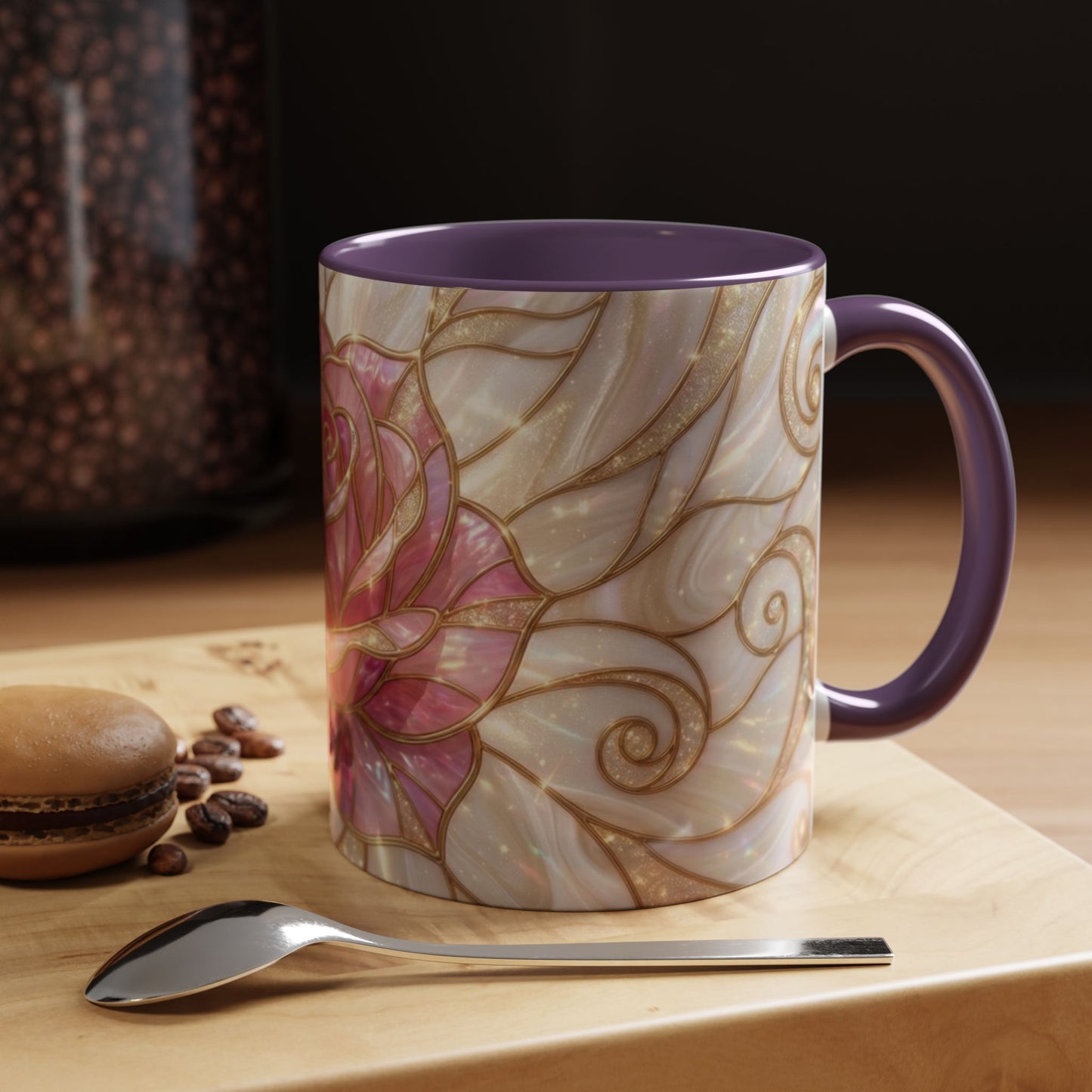 Pink Rose Stained Glass Mug, Gold Floral Coffee Cup, Romantic Flower Tea Cup, Gardener Gift For Mom, Botanical Art, Wife Birthday Gift