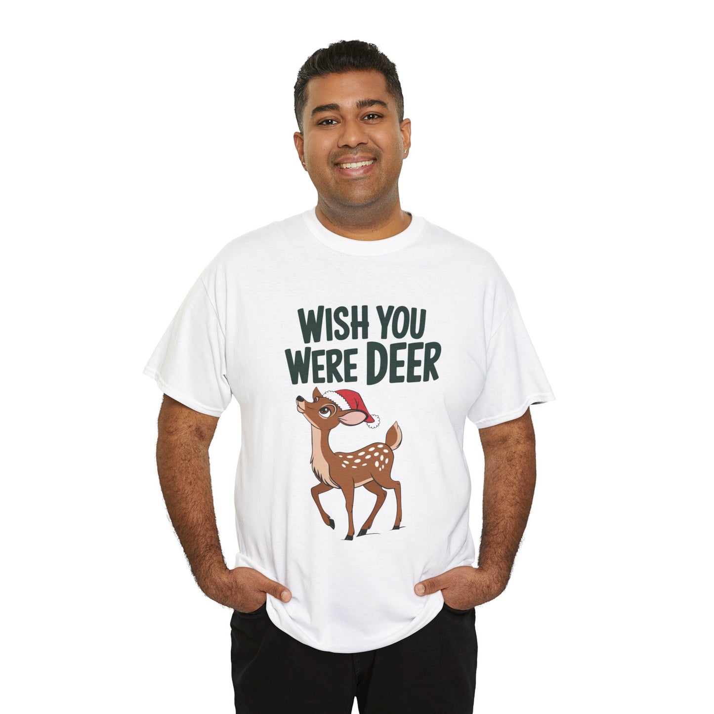 Wish You Were Deer Funny Christmas T-Shirt, Cute Reindeer Holiday Tee, Pun Christmas Shirt, Festive Santa Hat Deer Graphic Tee Gift