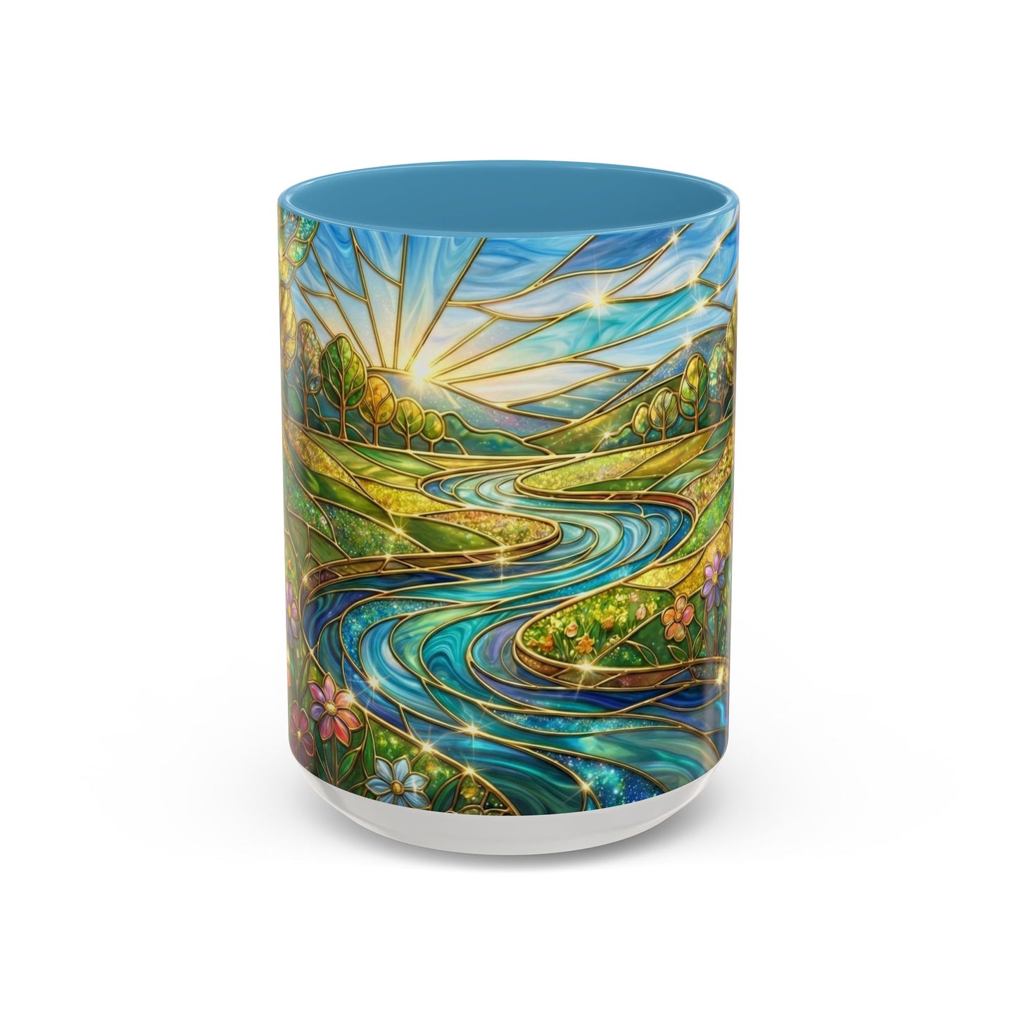 Stained Glass Mug, River Landscape Coffee Cup, Nature Lover Gift, Floral Tea Mug, Gardener Present, Art Teacher Gift, Colorful Scenery Cup