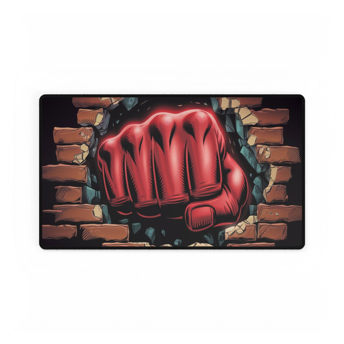 Desk Mat - Red Fist Punching Through Wall Design