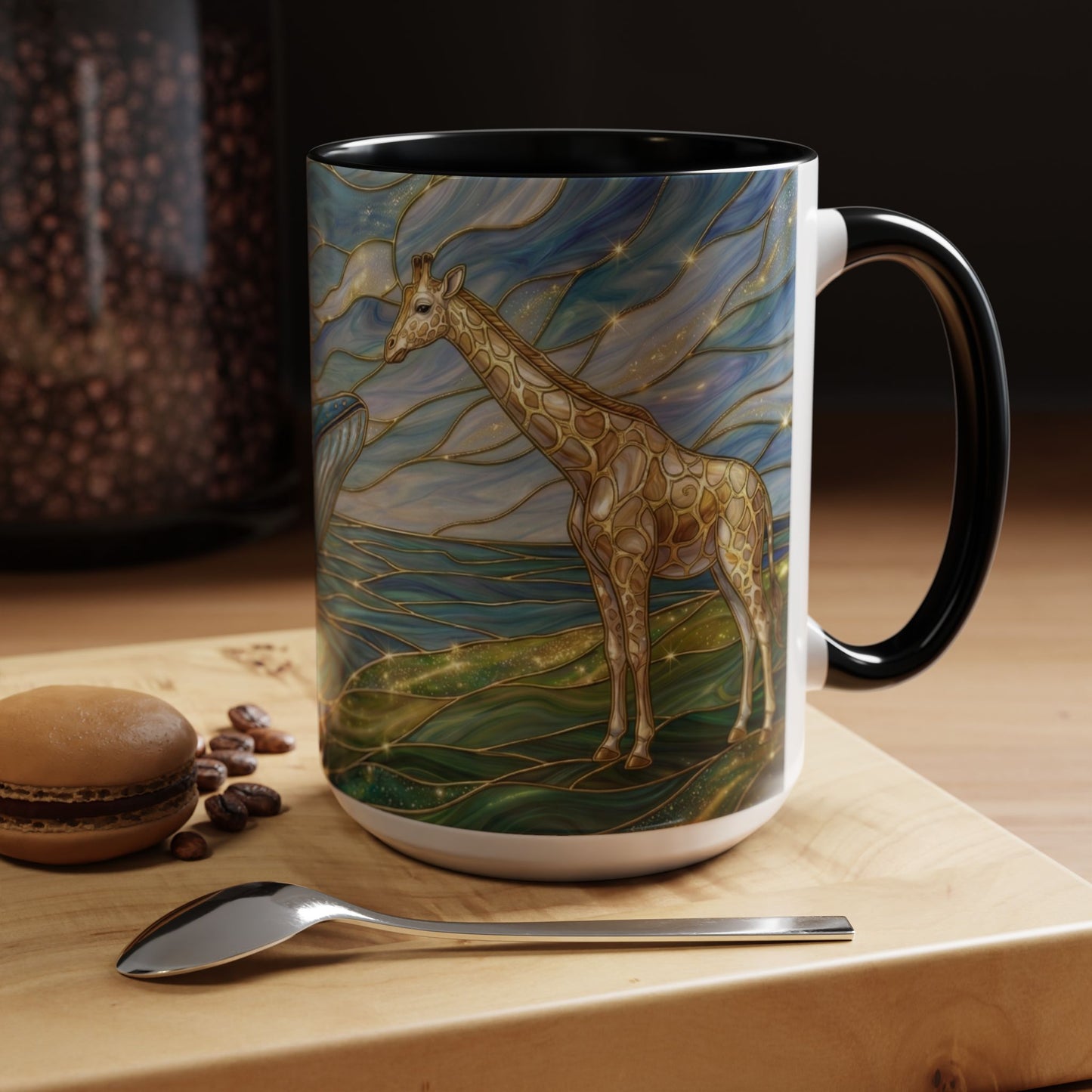 Whimsical Whale & Giraffe Accent Coffee Mug — Artistic Ocean-Sky Illustration (11/15oz)