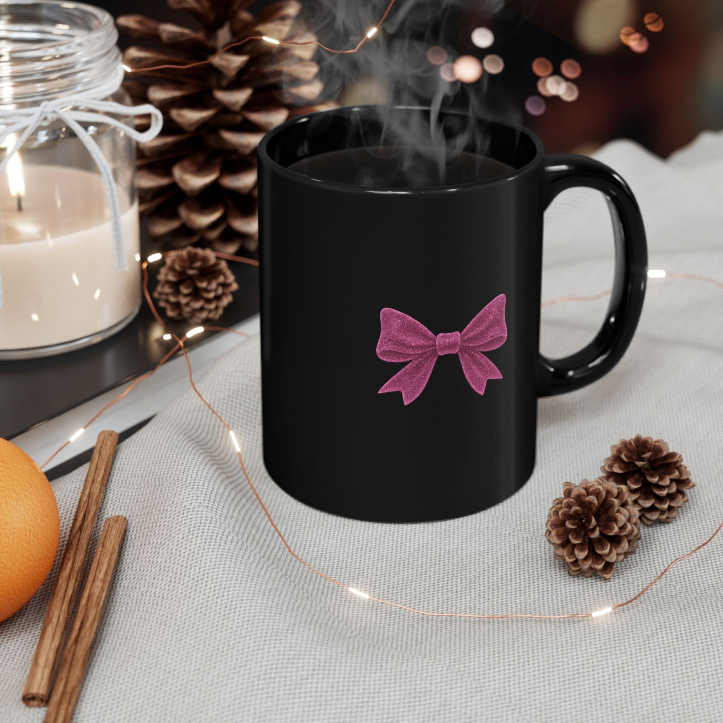 Black Mug with Pink Bow – Aesthetic Coffee Mug for Women | Cute Girly Gift, Desk Accessory, Kawaii Style Cup for Coworkers & Friends