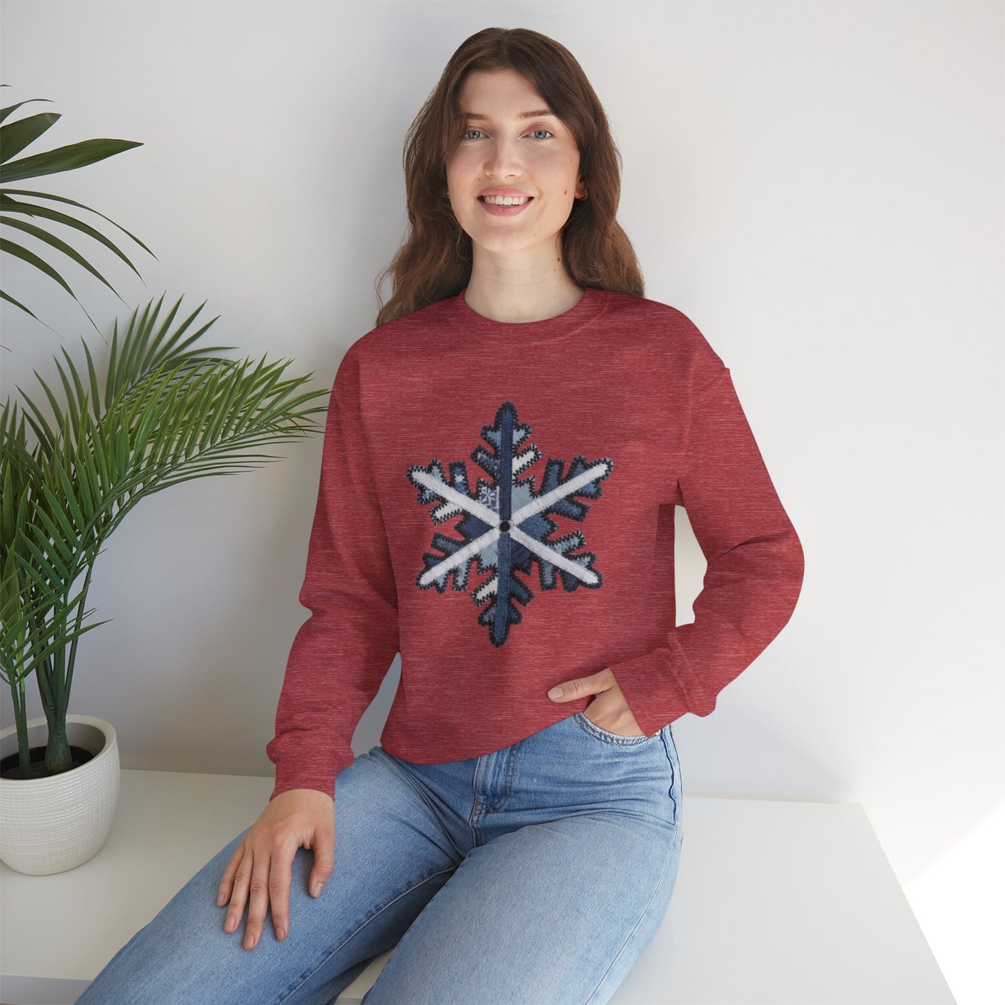 Faux Patchwork Snowflake Sweatshirt, Winter Snowflake Crewneck, Cozy Christmas Sweatshirt, Holiday Patchwork Sweater, Winter Gift