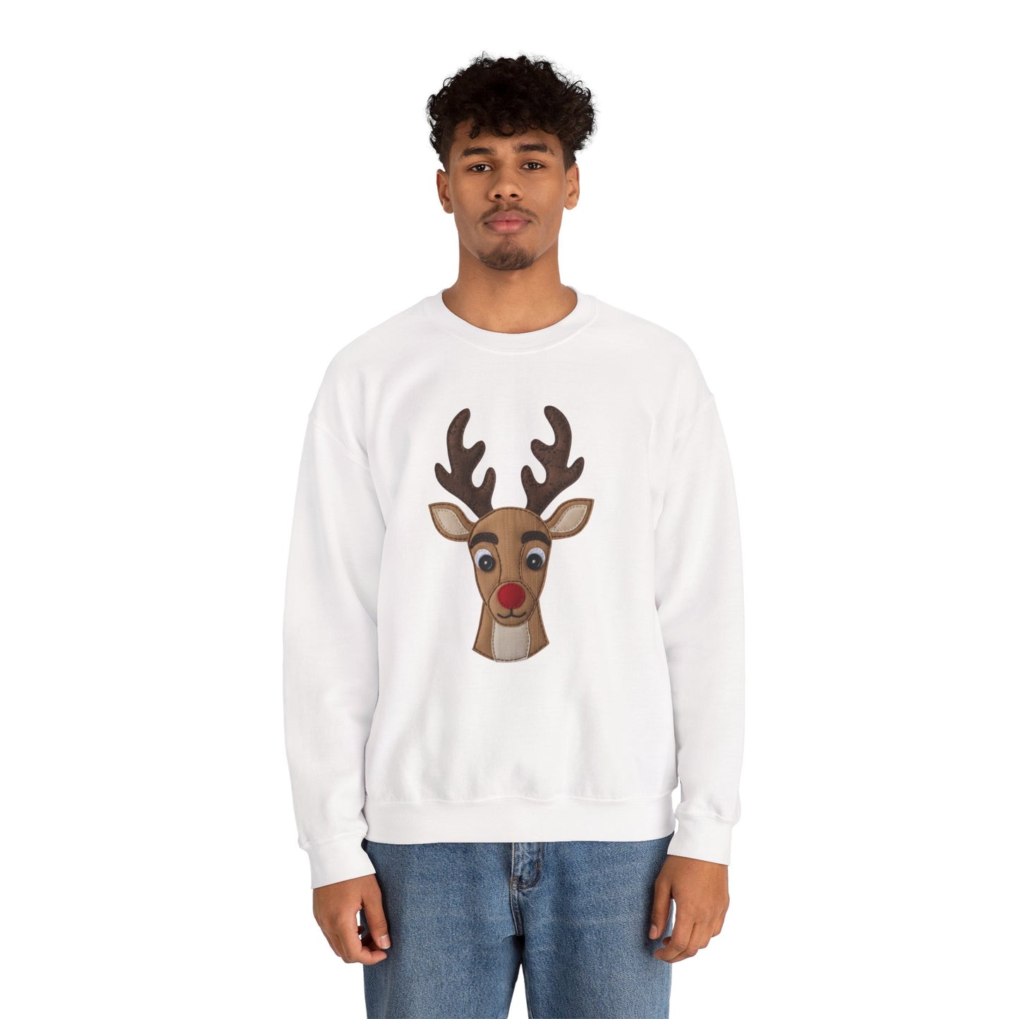 Faux Patchwork Rudolph Sweatshirt, Cute Reindeer Christmas Crewneck, Cozy Holiday Pullover, Winter Reindeer Sweater, Xmas Gift for Women