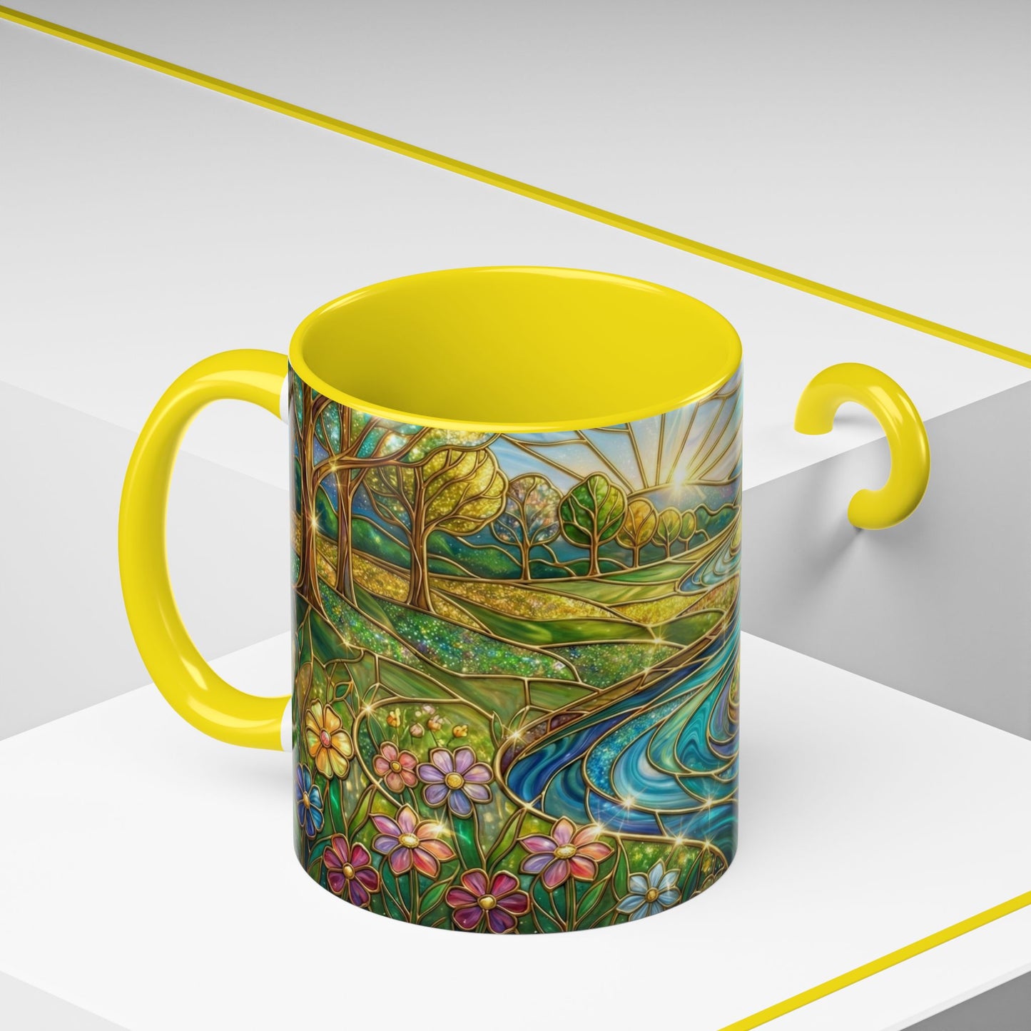 Stained Glass Mug, River Landscape Coffee Cup, Nature Lover Gift, Floral Tea Mug, Gardener Present, Art Teacher Gift, Colorful Scenery Cup