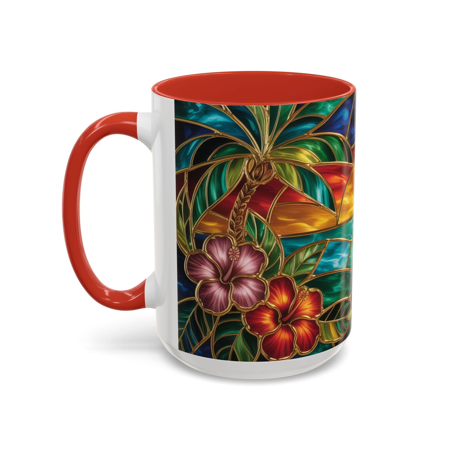Stained Glass Tropical Sunset Mug, Hibiscus Flower Coffee Cup, Beach Lover Gift, Colorful Palm Tree Mug, Coastal Art Drinkware, Summer Cup