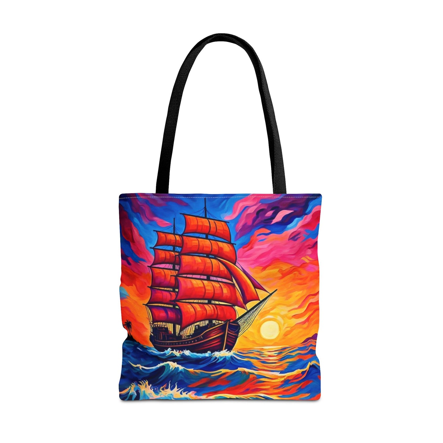 Crimson Voyage Tote Bag, Red Sailboat At Sunset Artistic Ocean Design, Nautical Reusable Tote For Beach, Travel, And Everyday Use