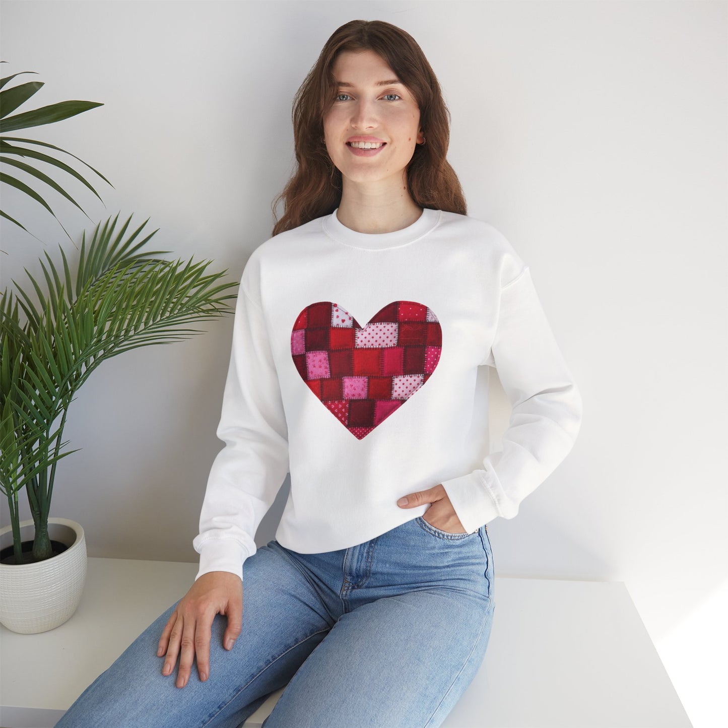 Faux Patchwork Heart Sweatshirt, Quilted Look Heart Pullover, Cozy Valentine Crewneck, Handmade Style Sweatshirt, Love Heart Shirt, Valentine Gift