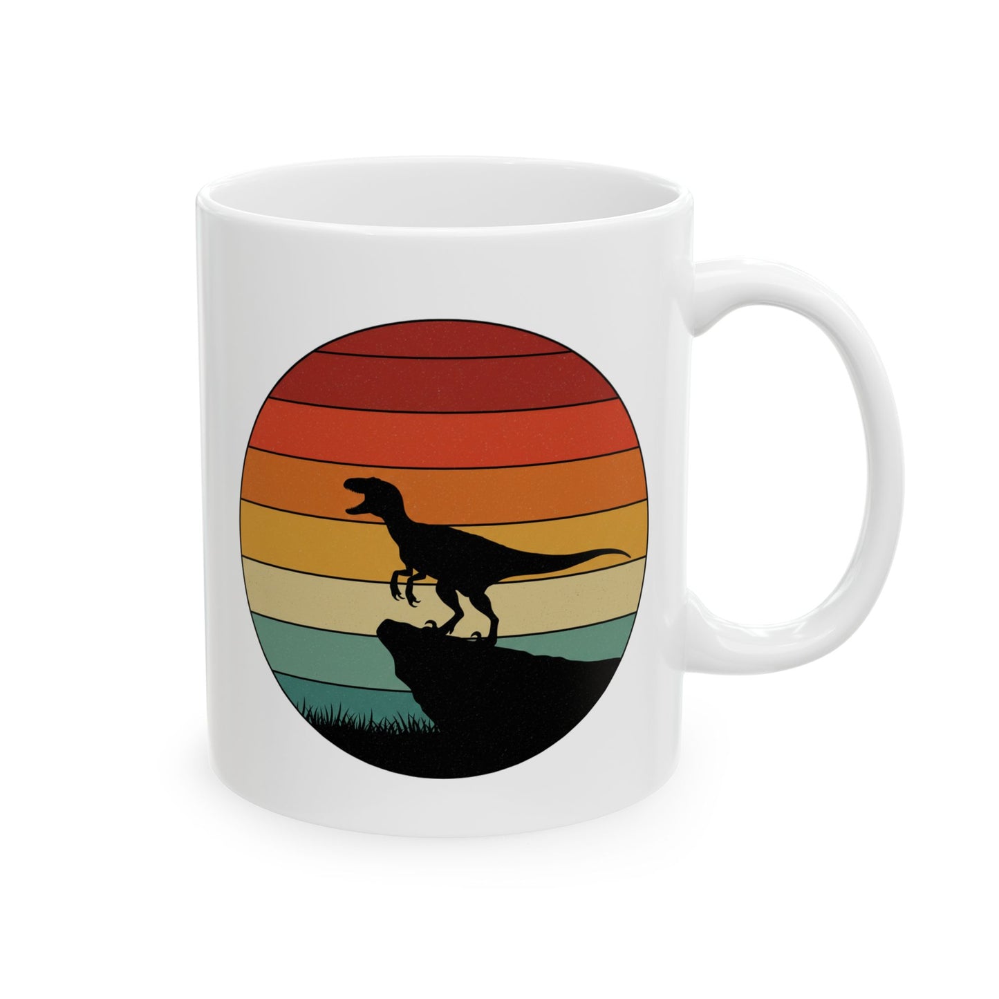 Retro Sunset Dinosaur Mug – Velociraptor Silhouette on Vintage Stripes, Jurassic Coffee Cup, Prehistoric Art Ceramic Mug, Dinosaur Lover Gift