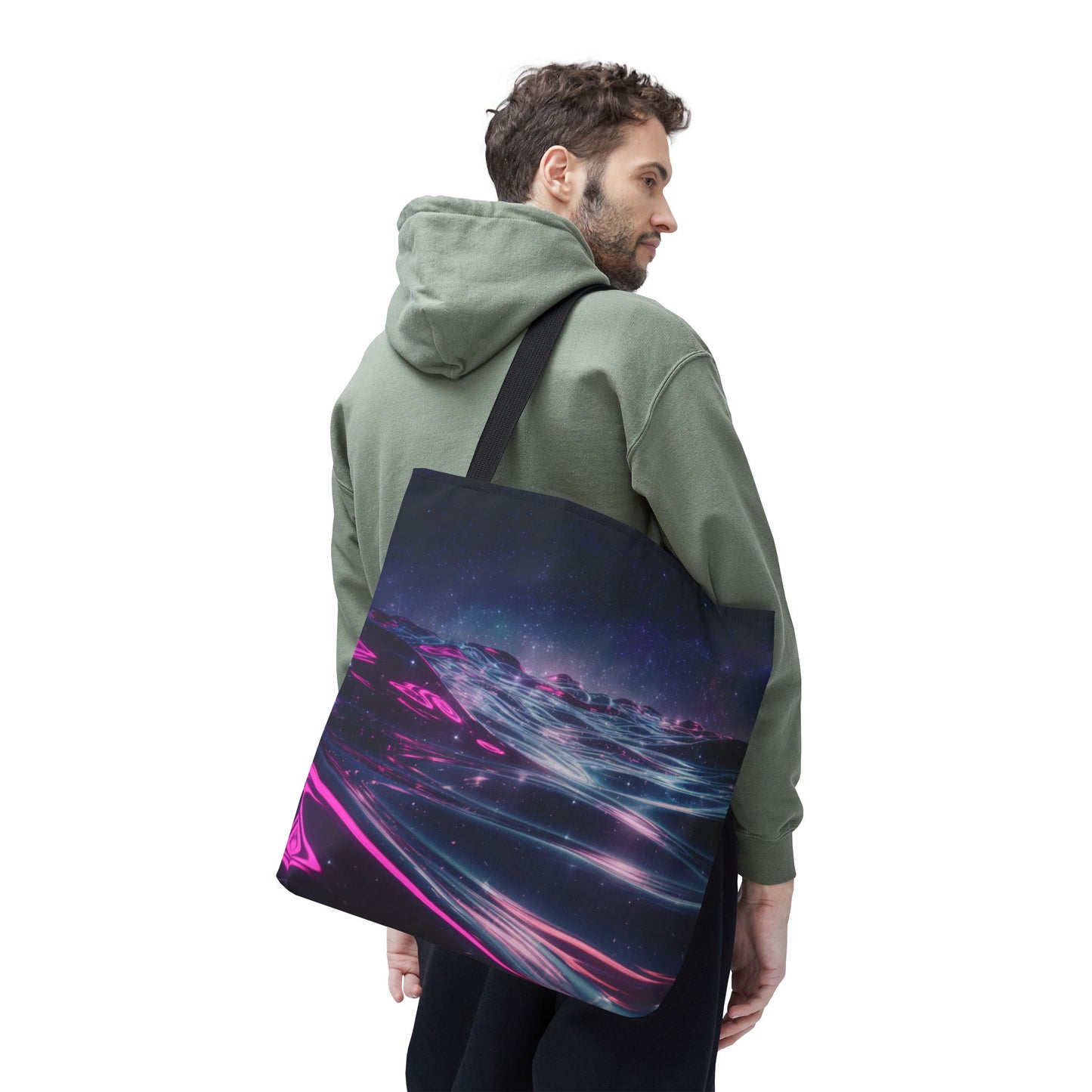 Neon Wave Horizon Tote Bag, Futuristic Ocean Design With Pink And Blue Light, Sci-Fi Aesthetic Reusable Tote For Travel, Gifts, And Everyday Use