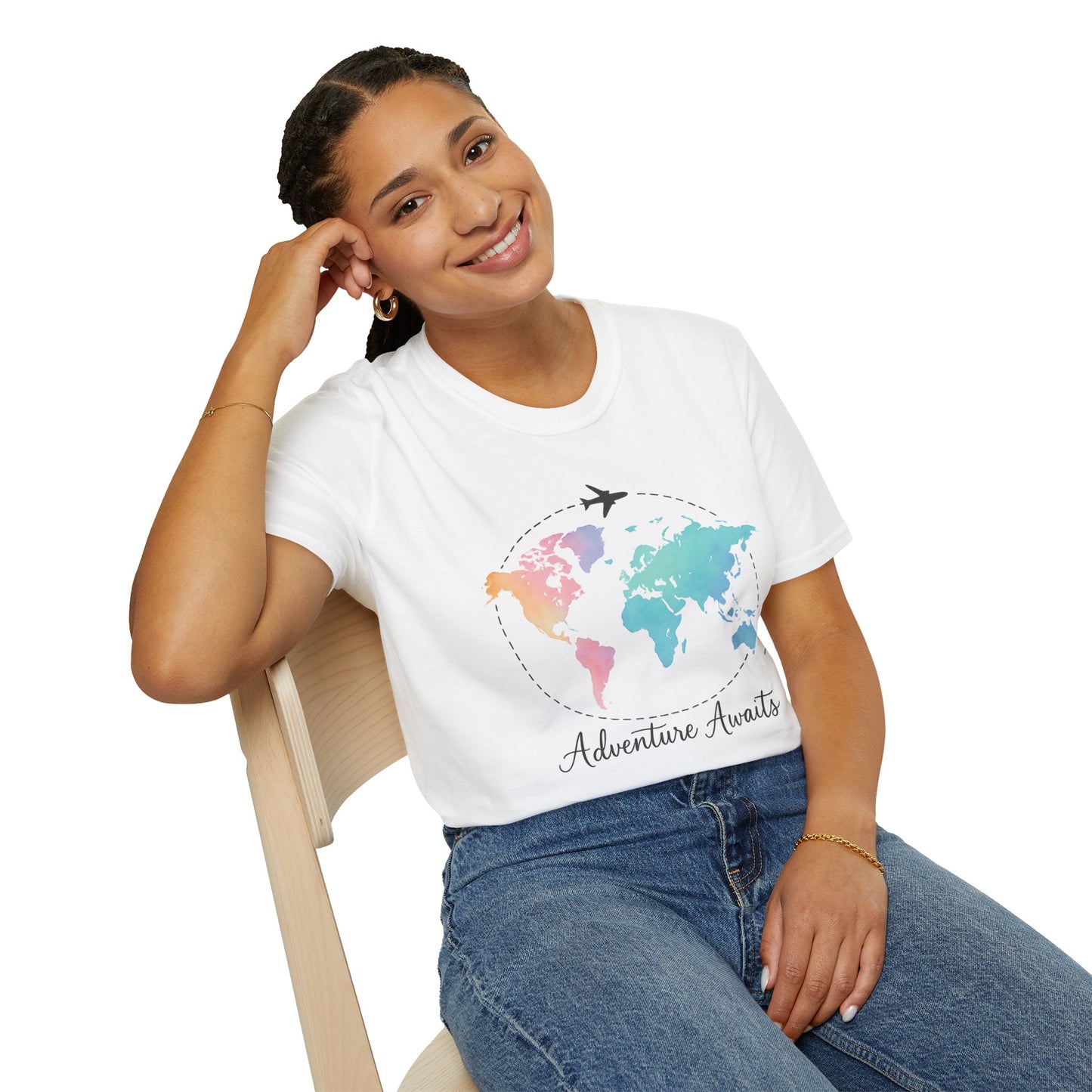 Adventure Awaits Travel Shirt | Watercolor World Map Tee for Women and Men | Wanderlust Gift for Travelers, Hikers, Campers, Beach Lovers