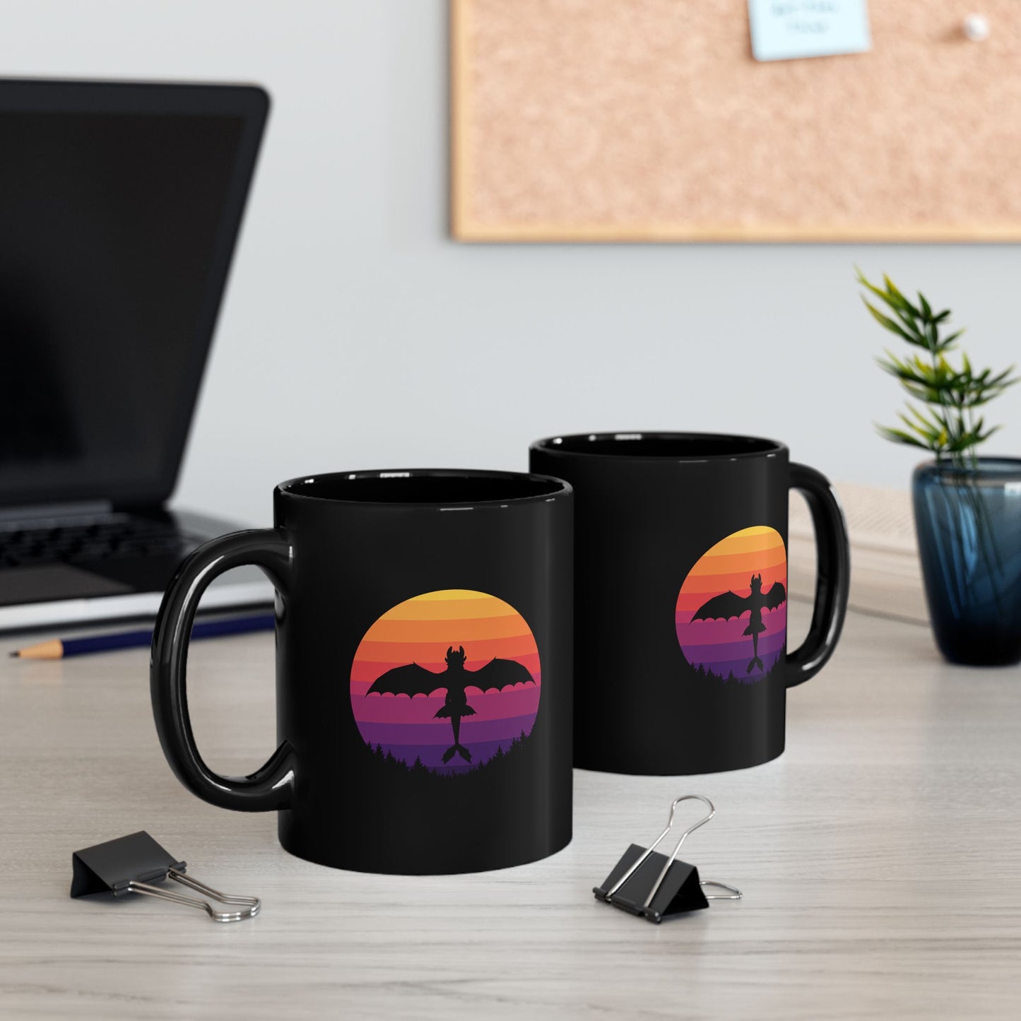 Dragon Mug, Fantasy Coffee Mug, Black Gothic Mug, Retro Sunset Dragon Gift, Gamer Mug, DnD Mug, Gift for Dragon Lover, Coffee Cup