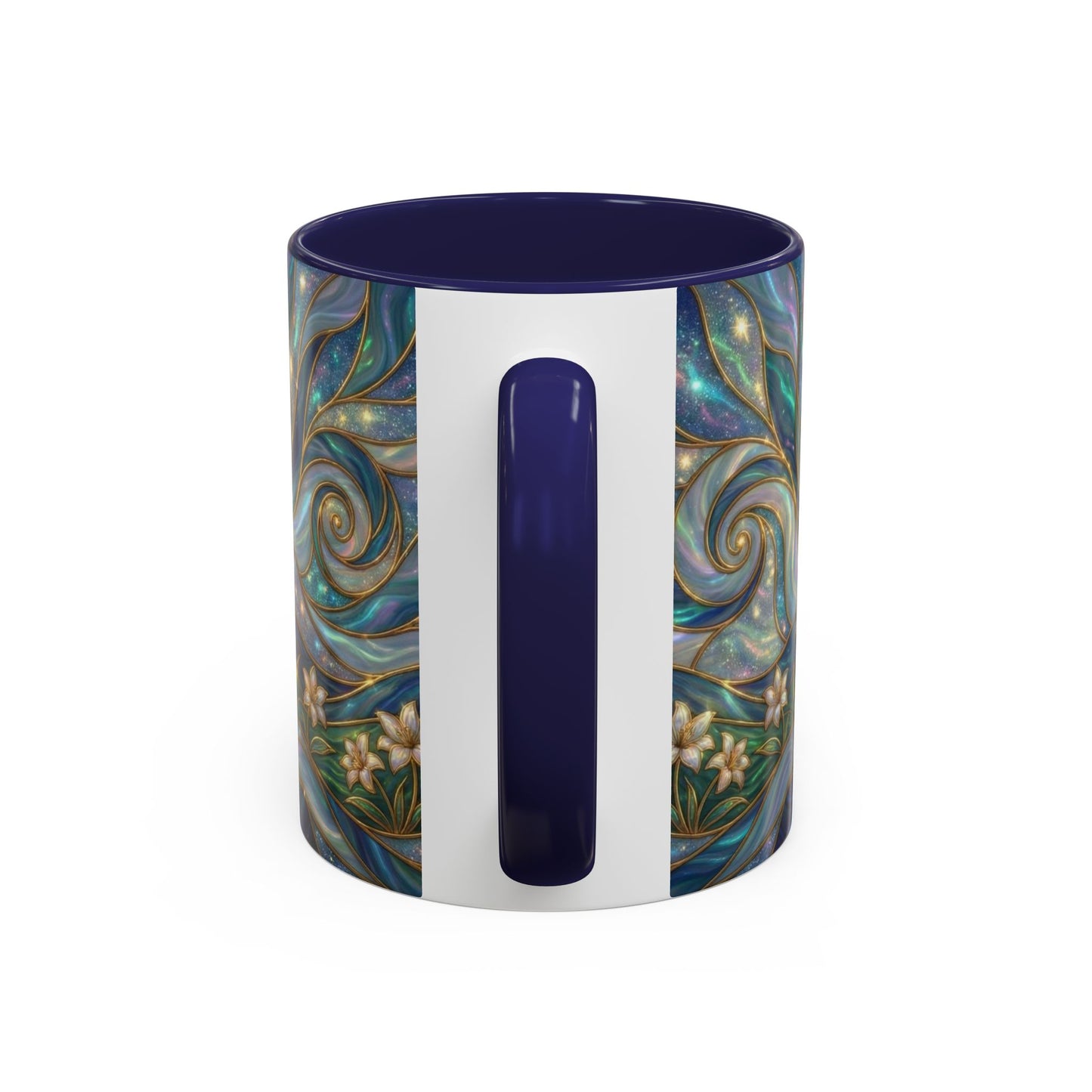 Stained Glass Cross Mug, Christian Coffee Cup, Religious Easter Gift, Celestial Faith Mug, Spiritual Sunrise Cup, Dove Lily Print Mug