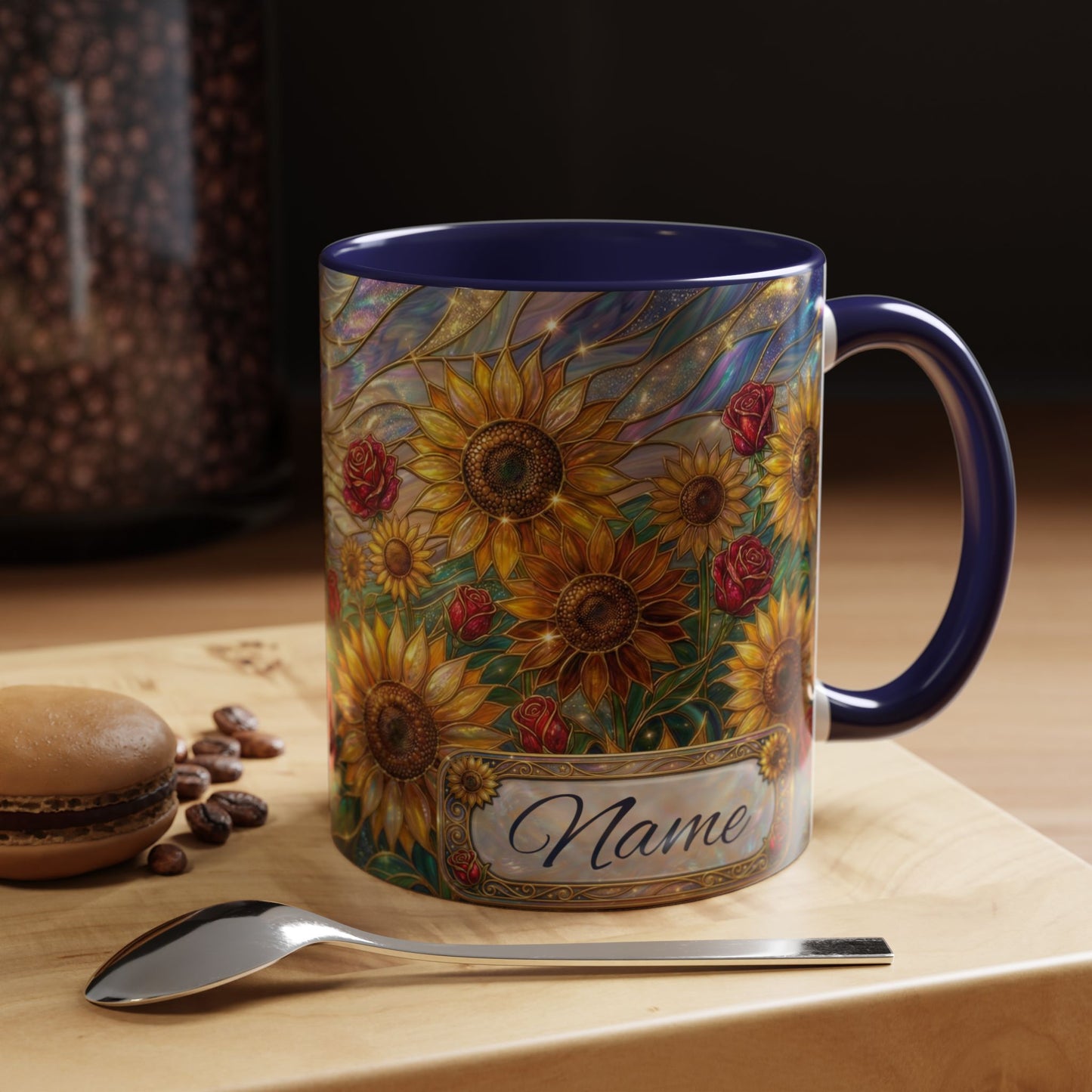 Personalized Stained Glass Sunflower Mug, Custom Red Rose Floral Coffee Cup, Celestial Night Sky Botanical Teacup, Gift For Flower Lover