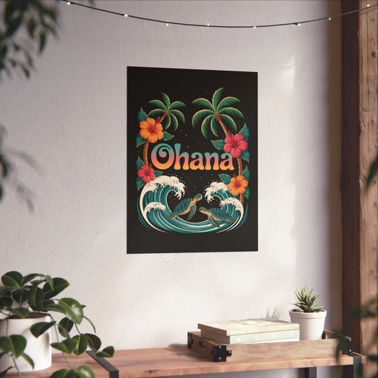 Ohana Hawaiian Wall Art - Tropical Beach Poster with Sea Turtles, Palm Trees & Hibiscus - Island Family Decor for Home or Office