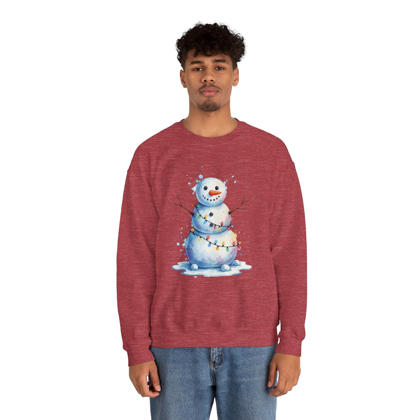 Watercolor Snowman Christmas Sweatshirt, Cute Snowman Crewneck for Winter, Holiday Lights Snowman Sweater, Cozy Unisex Christmas Gift