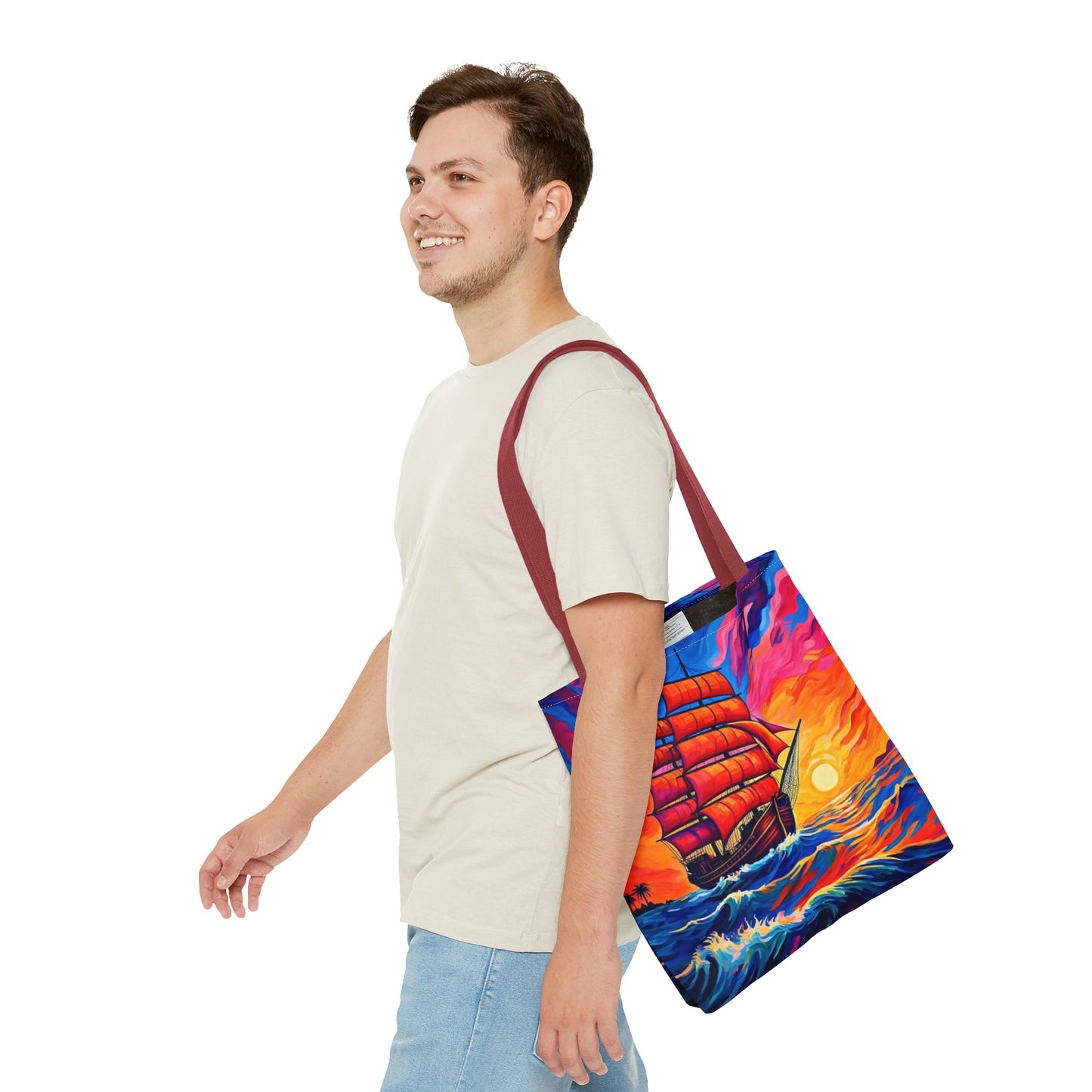 Crimson Voyage Tote Bag, Red Sailboat At Sunset Artistic Ocean Design, Nautical Reusable Tote For Beach, Travel, And Everyday Use