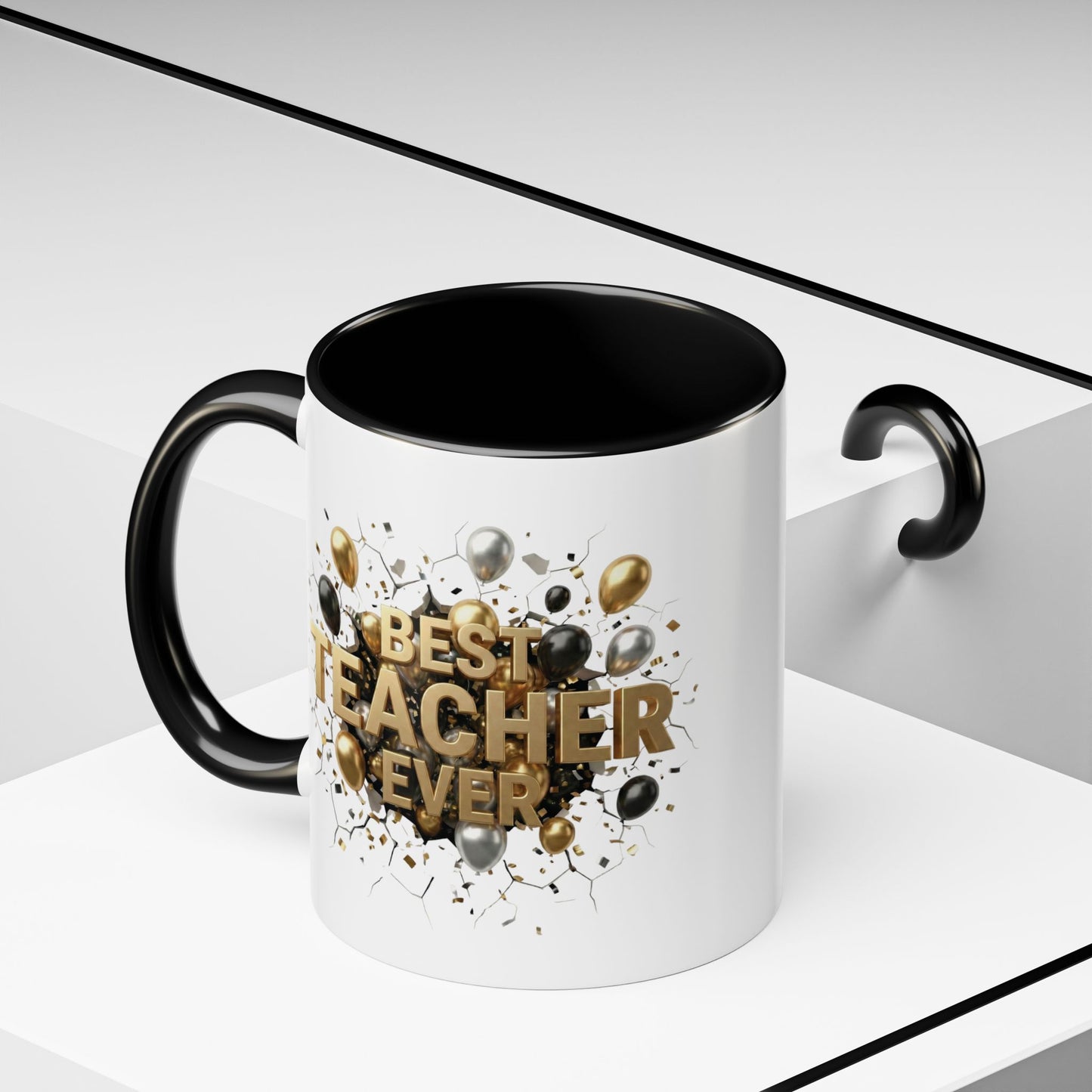 Personalized Teacher Mug, Best Teacher Ever Gift, Custom Educator Coffee Cup, 3D Gold Balloon Design, Teacher Appreciation Present