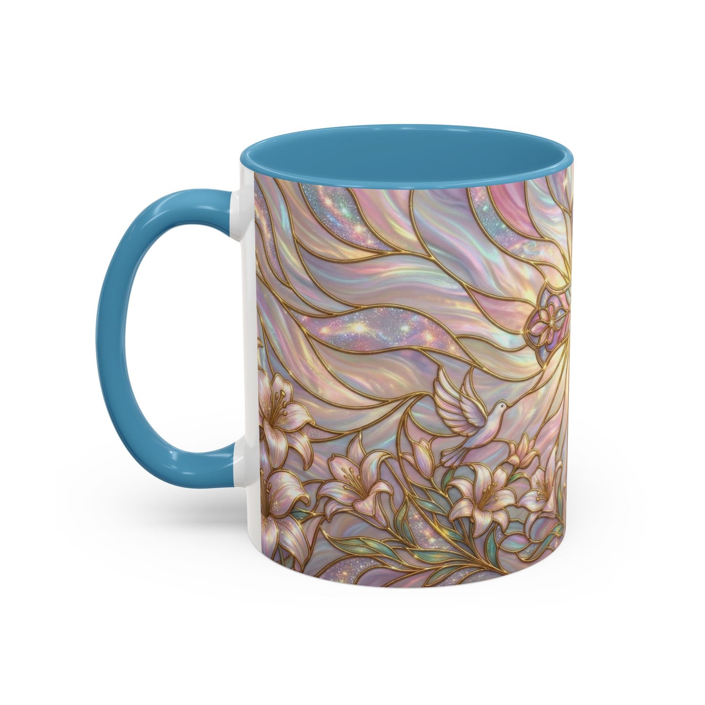 Stained Glass Cross Mug, Easter Lily Coffee Cup, Christian Gift for Women, Pastel Religious Drinkware, Dove and Faith Cup, Spiritual