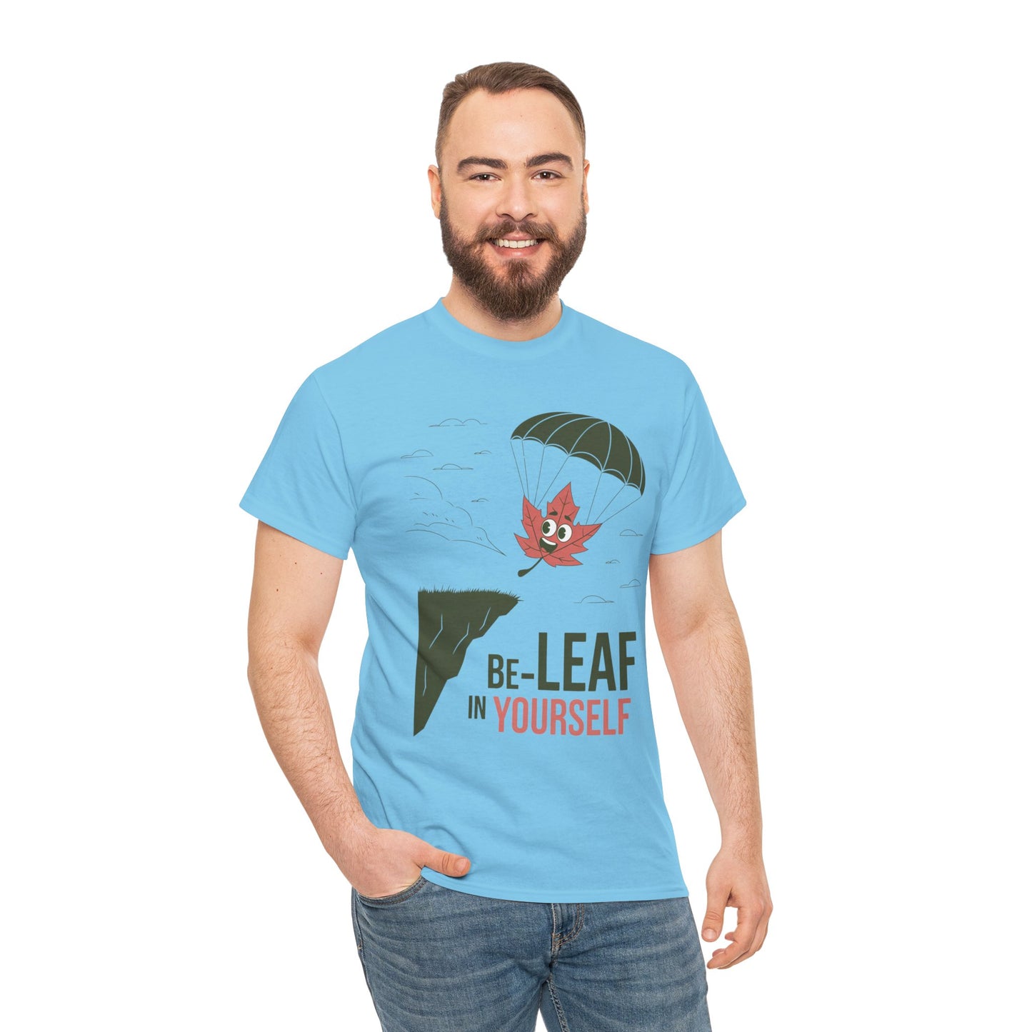 Be-Leaf In Yourself Maple Leaf Parachute T-Shirt | Funny Motivational Nature Graphic Tee | Self-Love Fall Autumn Shirt | Outdoorsy Gift