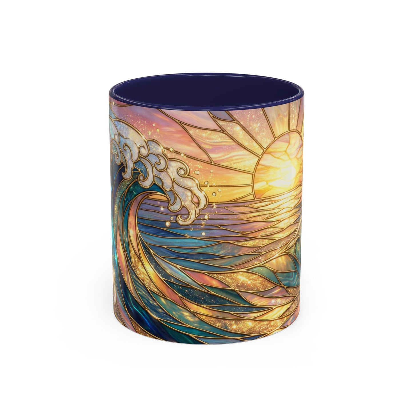 Stained Glass Ocean Wave Mug, Sunrise Beach Coffee Cup, Japanese Art Gift, Coastal Decor Kitchen, Mosaic Sea Tea Cup, Blue Gold Nature Lover