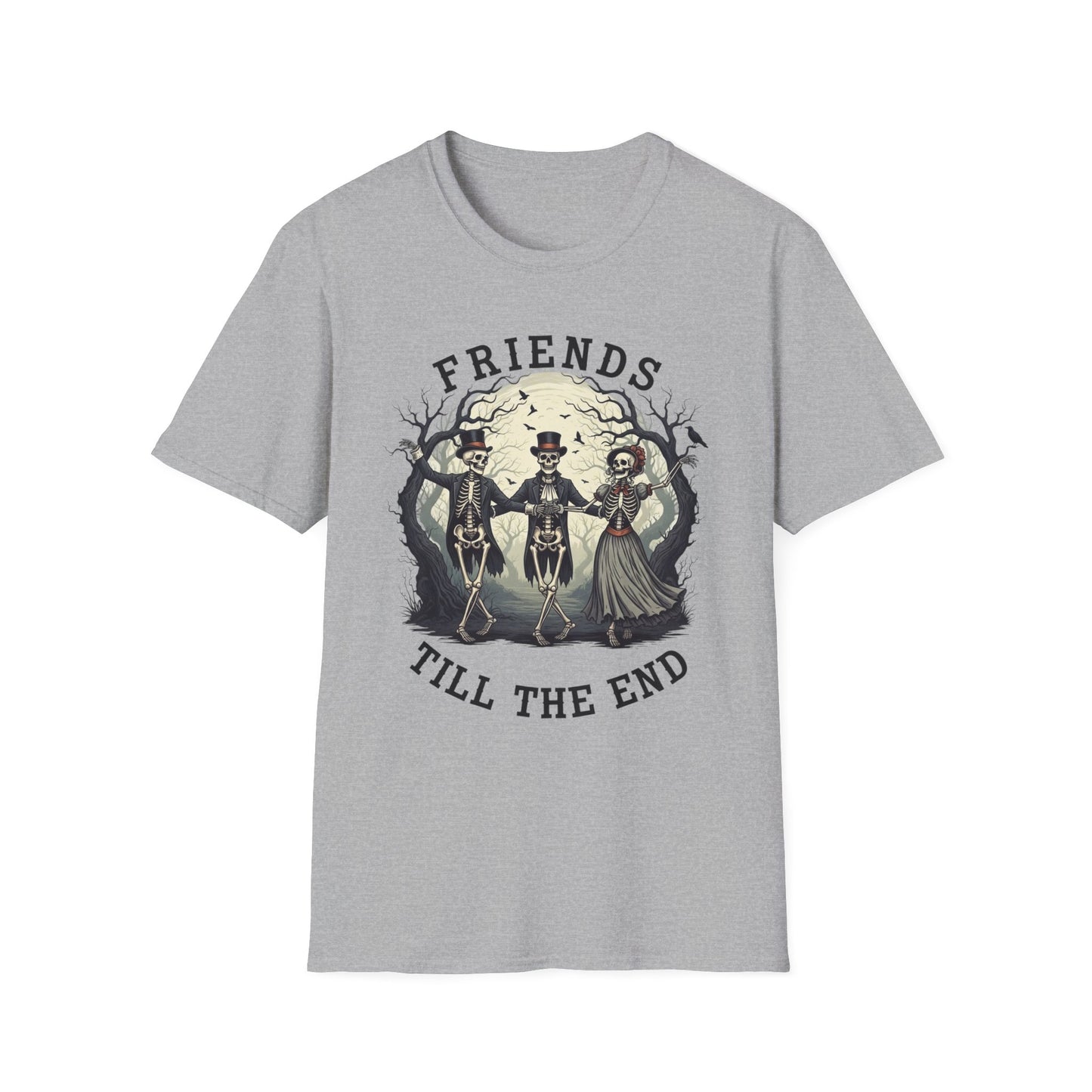 Friends Till The End Skeleton Tee | Dancing Skeleton Friends Shirt | Halloween Gothic BFF Gift | Unisex Heather Grey Graphic T-Shirt