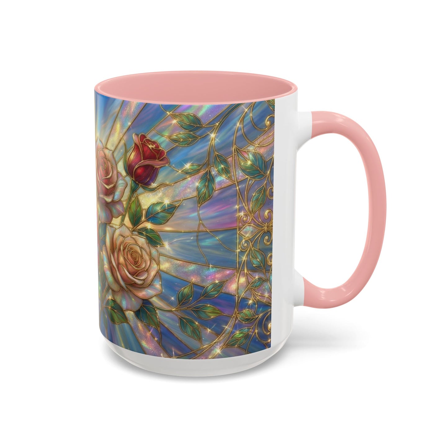Stained Glass Rose Mug, Floral Art Coffee Cup, Elegant Rose Flower Mug, Blue Gold Glass Style Design, Romantic Gift For Her Decor