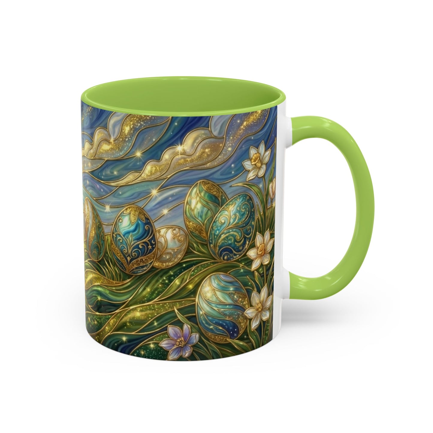Stained Glass Easter Egg Mug, Magical Spring Floral Coffee Cup, Art Nouveau Fantasy Teacup, Elegant Celestial Starry Sky Mug Gift Idea
