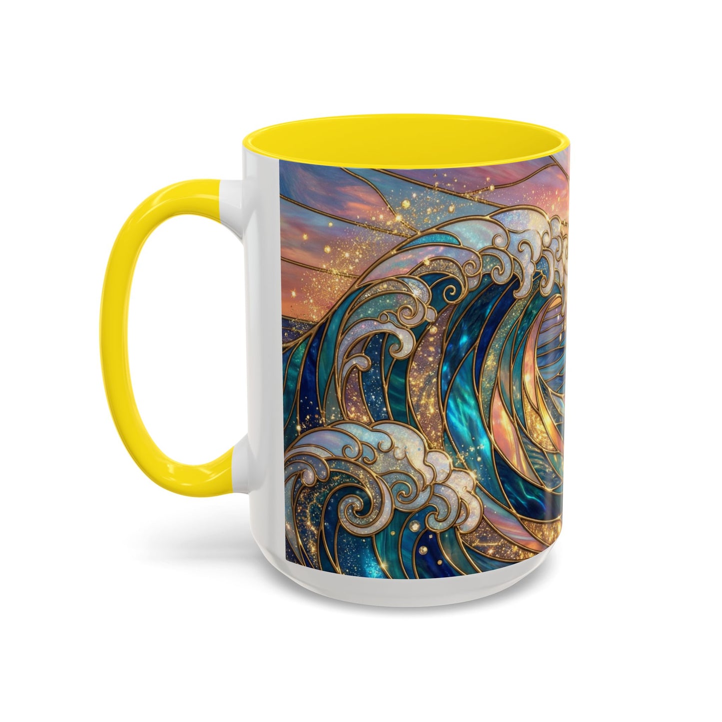 Stained Glass Ocean Wave Mug, Sunrise Beach Coffee Cup, Japanese Art Gift, Coastal Decor Kitchen, Mosaic Sea Tea Cup, Blue Gold Nature Lover