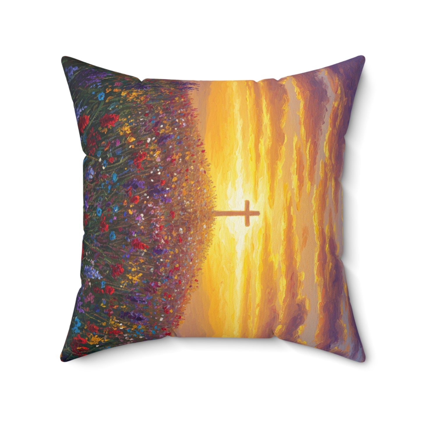 Square Pillow - Monet Style Cross on Hill Painting Christian Pillow Religious Decor Faith Based Throw Gift for Believers