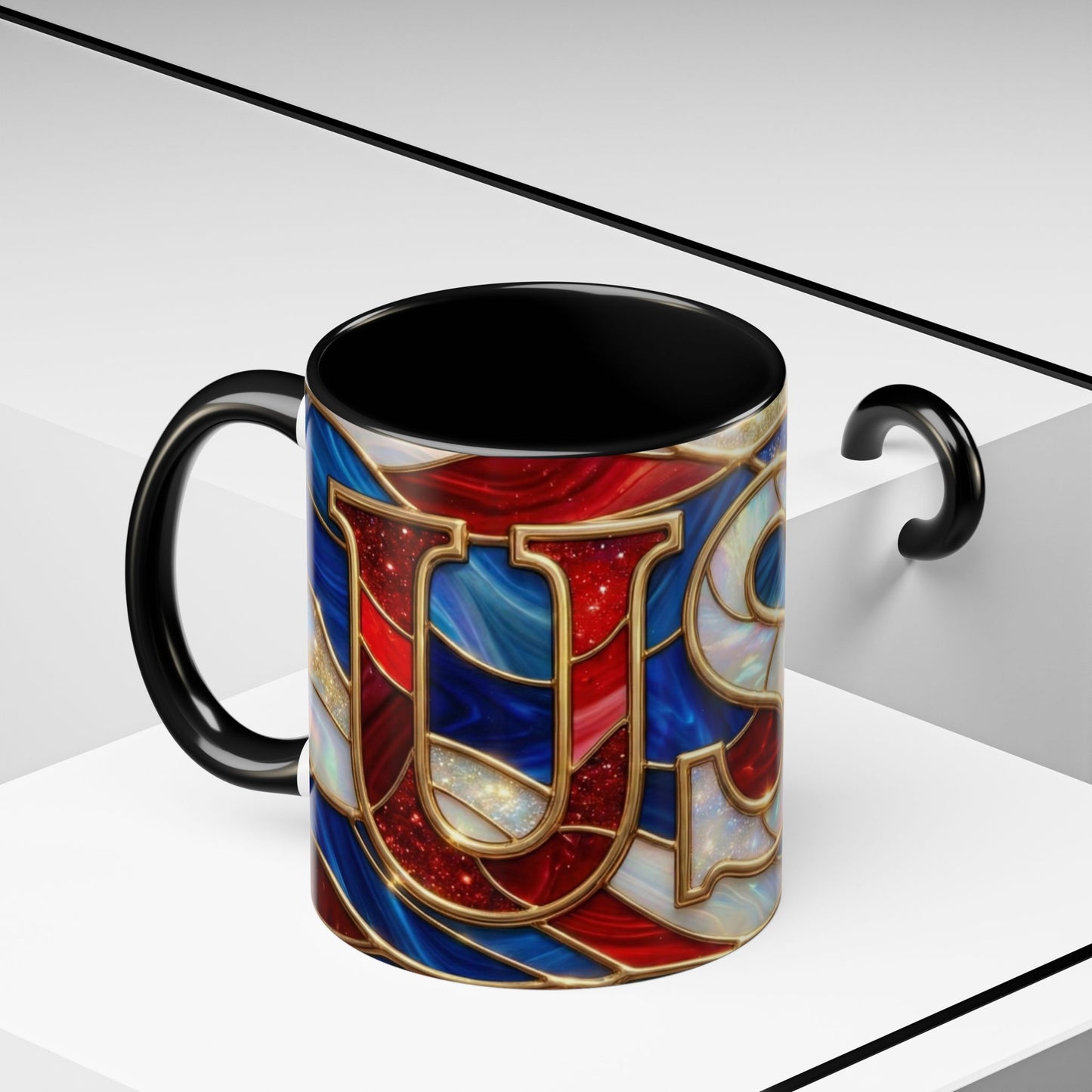 USA Patriotic Coffee Mug, Stained Glass USA Mug, Red White Blue Ceramic Mug, American Flag Style Mug, 11oz 15oz Mug