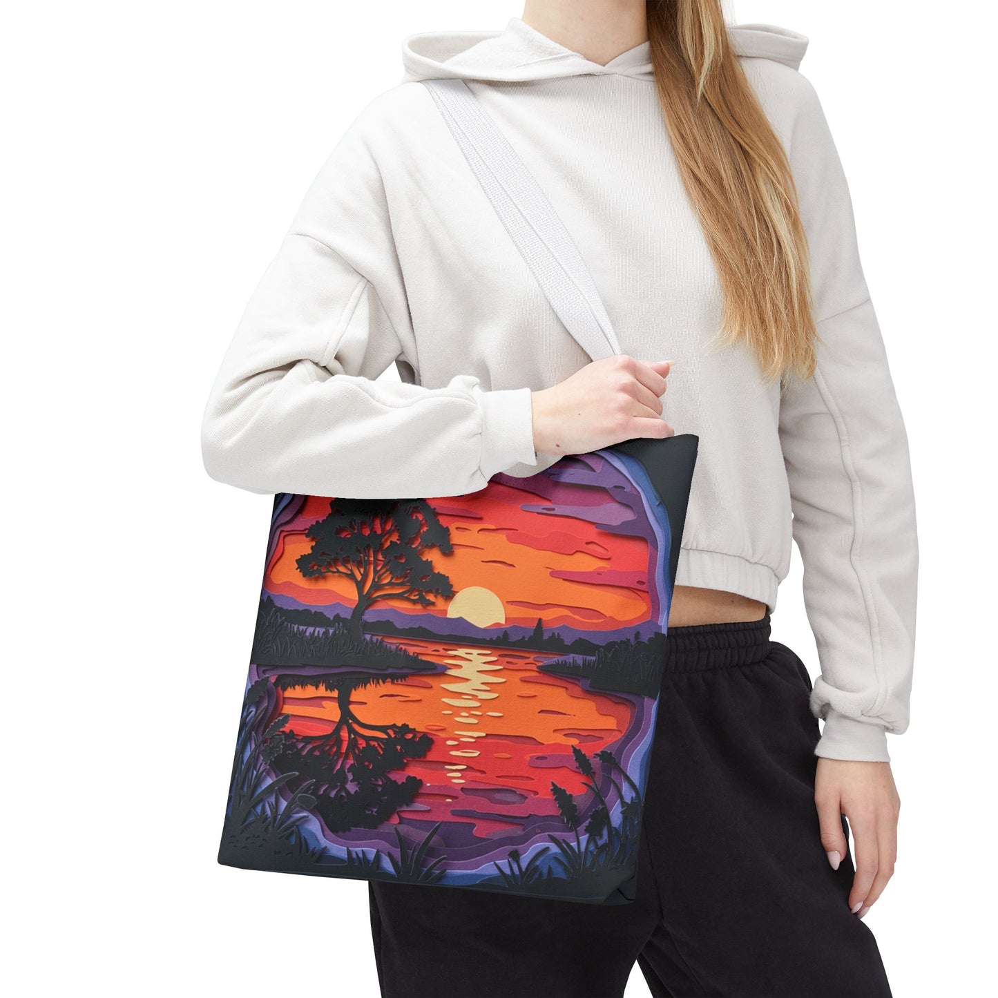 Sunset Landscape Canvas Tote Bag – Paper‑Art Inspired Nature Scene Tote – Colorful Sunset Market Tote, Eco Reusable Beach Bag, Vibrant Gift for Her