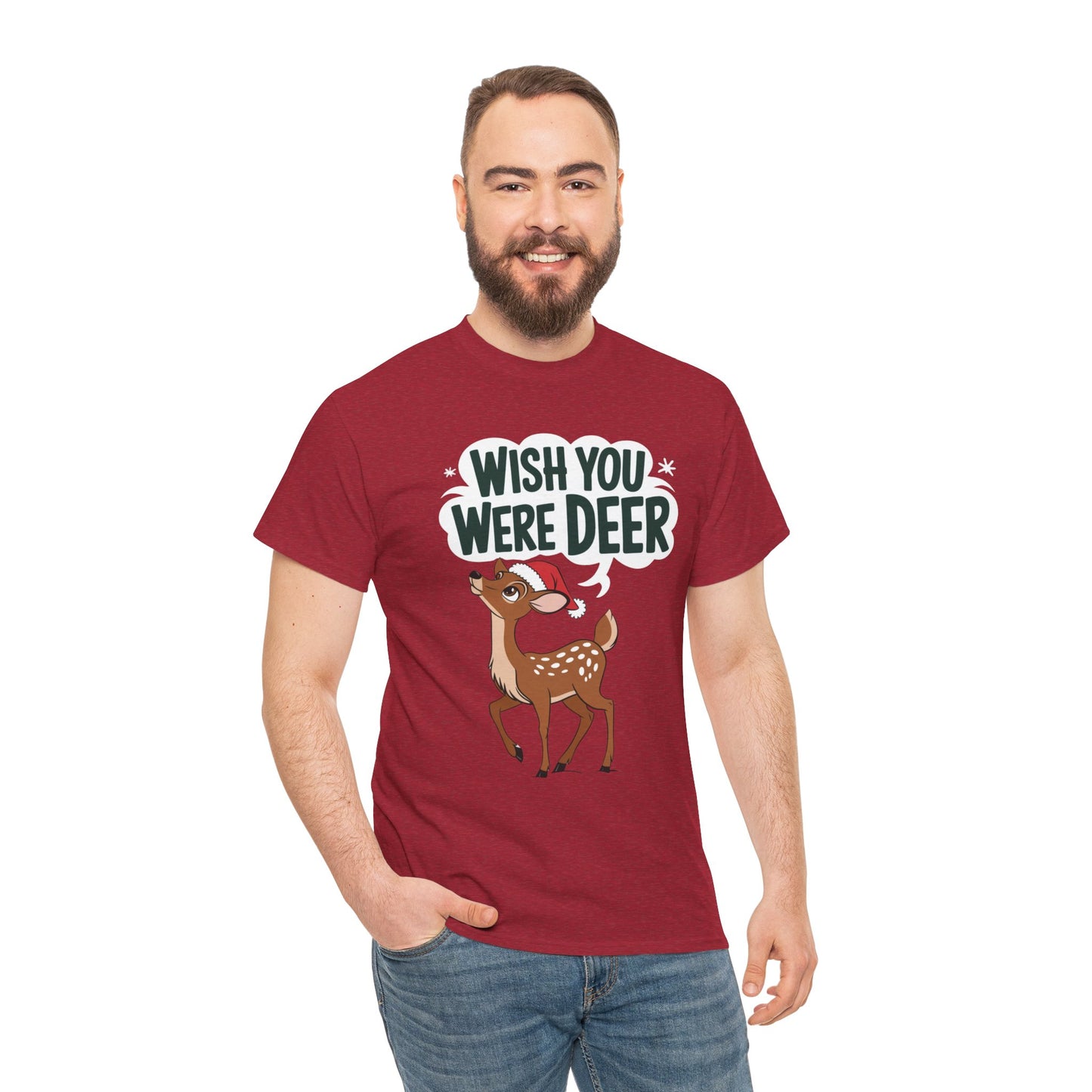 Wish You Were Deer Funny Christmas T-Shirt, Cute Reindeer Holiday Tee, Pun Christmas Shirt, Festive Santa Hat Deer Graphic Tee Gift