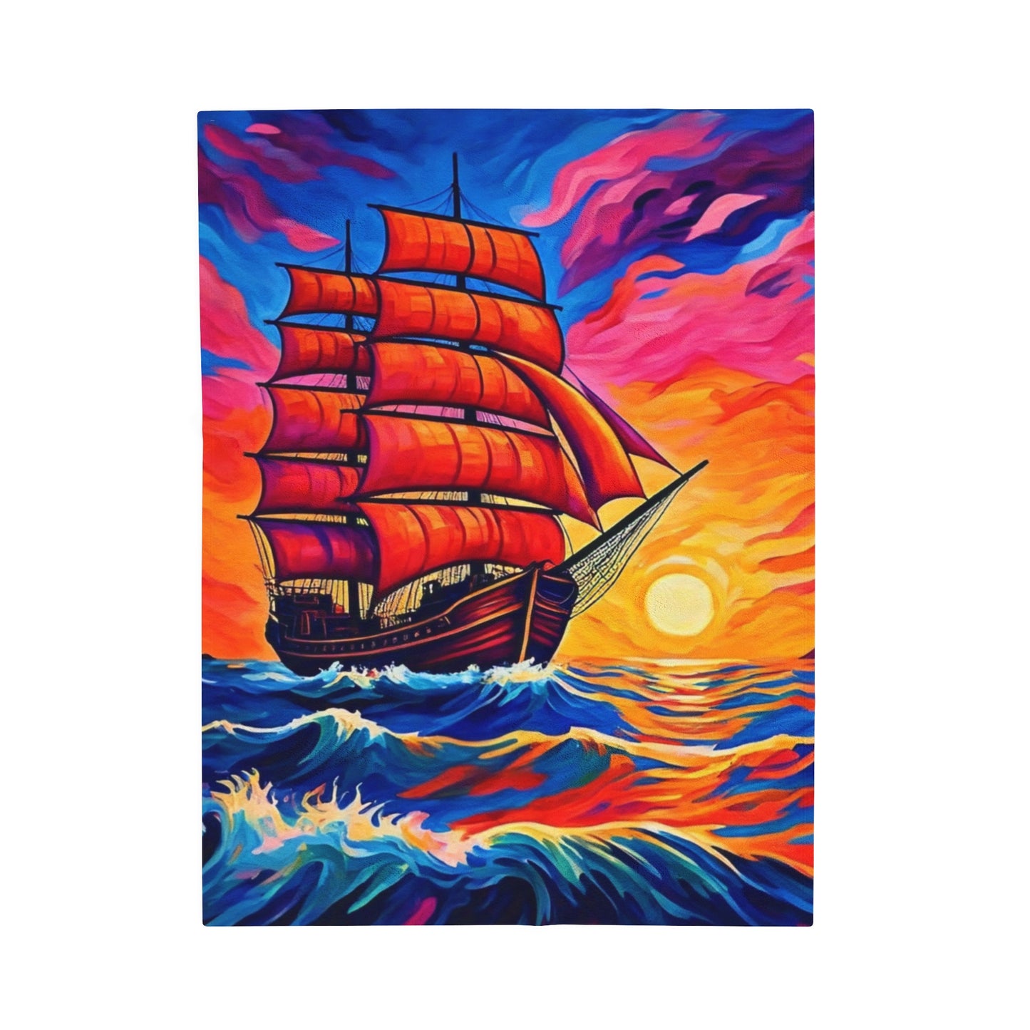Plush Blanket - Sunset Ship Painting Design