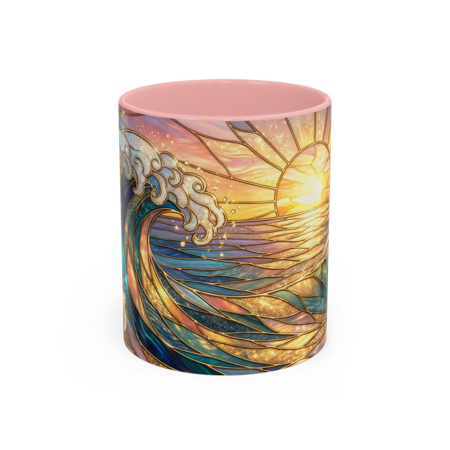 Stained Glass Ocean Wave Mug, Sunrise Beach Coffee Cup, Japanese Art Gift, Coastal Decor Kitchen, Mosaic Sea Tea Cup, Blue Gold Nature Lover