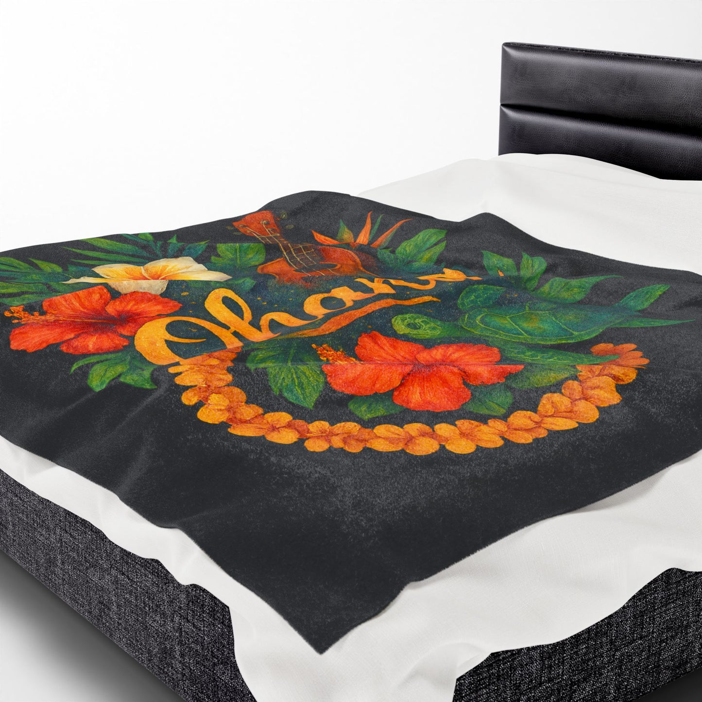 Ohana Hawaiian Blanket - Tropical Floral Turtle Ukulele Throw - Polynesian Island Bedding - Hawaii Gift - Cozy Beach Vibes Decor