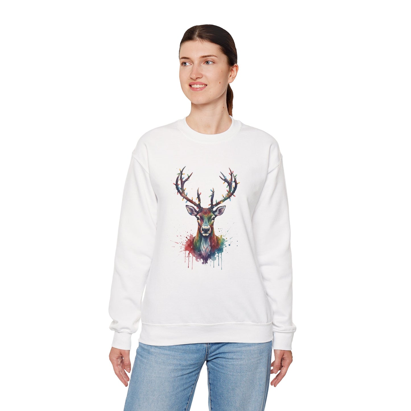 Colorful Reindeer Christmas Sweatshirt, Holiday Deer Lights Sweater, Watercolor Winter Crewneck, Festive Cozy Gift For Him Or Her