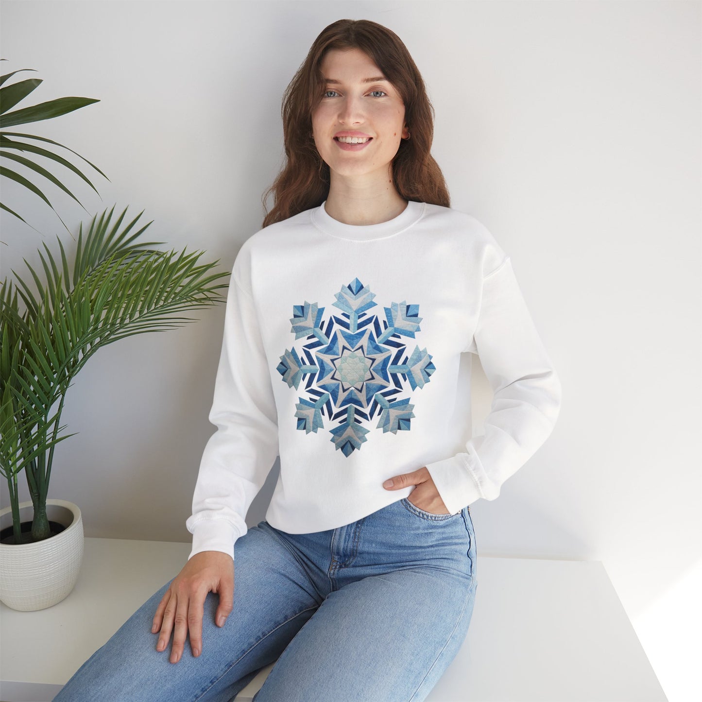 Faux Patchwork Snowflake Sweatshirt, Winter Snowflake Crewneck Unisex, Cozy Holiday Patchwork Sweatshirt, Nordic Snowflake Winter Pullover