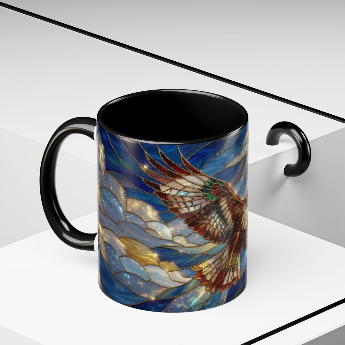 Stained Glass Hawk Mug, Soaring Bird Coffee Mug, Nature Art Hawk Cup, Bird Lover Gift, Stained Glass Style Animal Mug