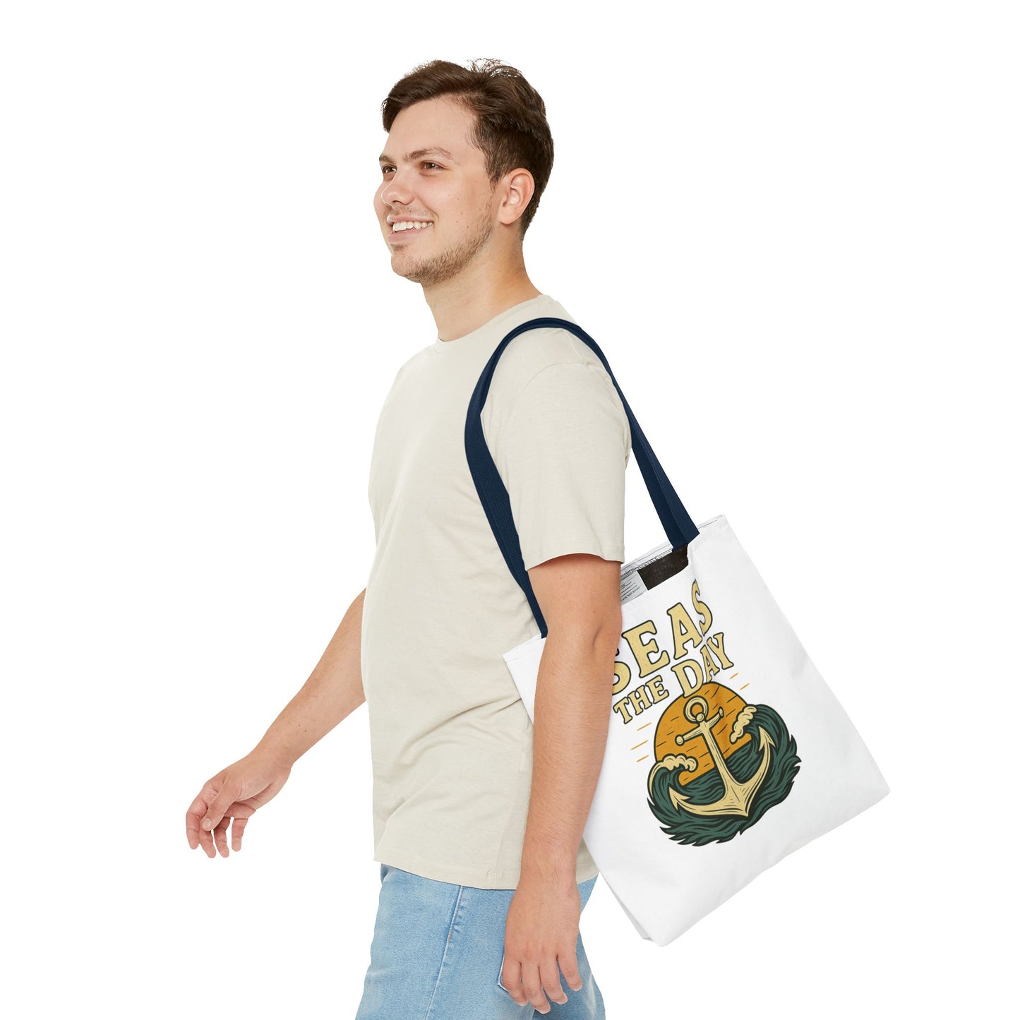 "Seas the Day" Nautical Tote Bag – Funny Beach Quote Canvas Bag with Anchor | Coastal Gift Idea for Summer, Travel, or Daily Use
