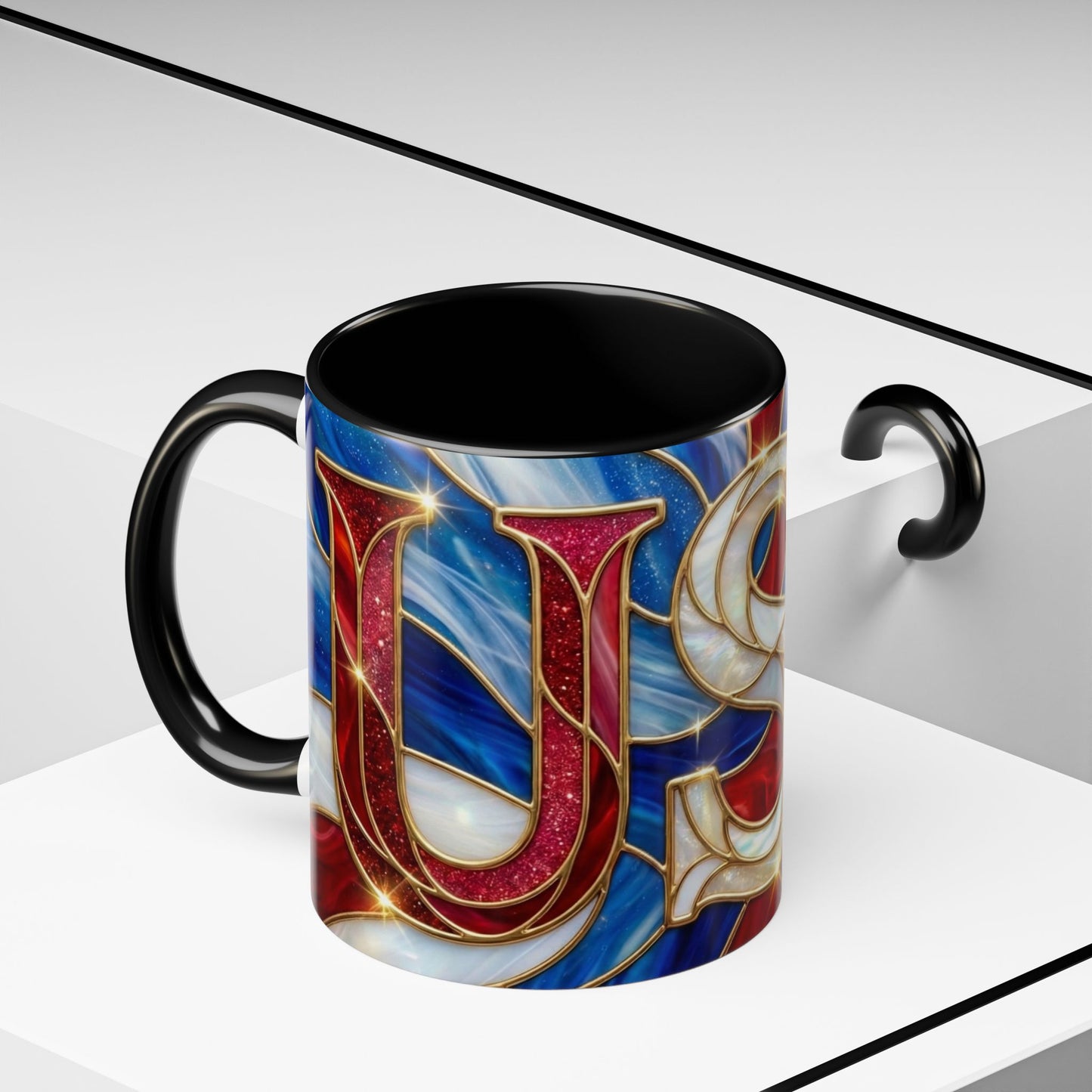USA Patriotic Coffee Mug, Stained Glass USA Mug, Red White Blue Ceramic Mug, American Flag Style Mug, 11oz 15oz Mug