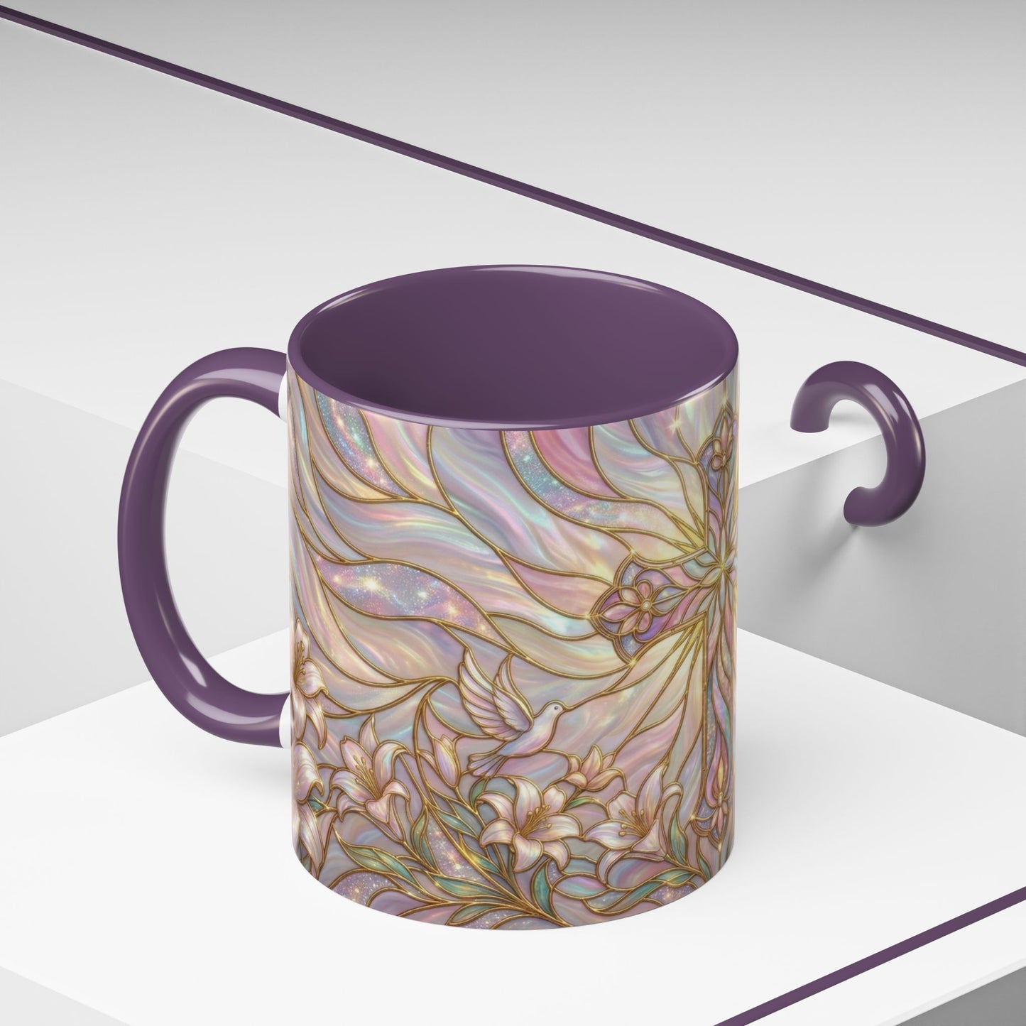 Stained Glass Cross Mug, Easter Lily Coffee Cup, Christian Gift for Women, Pastel Religious Drinkware, Dove and Faith Cup, Spiritual