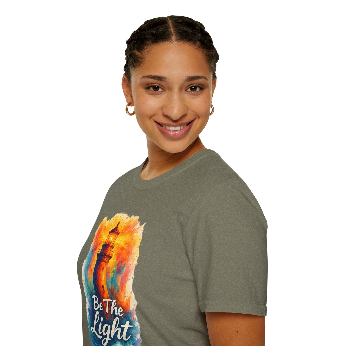 Be The Light Lighthouse T-Shirt | Inspirational Spiritual Tee | Coastal Nautical Gift for Her and Him | Unisex Softstyle Graphic Tee